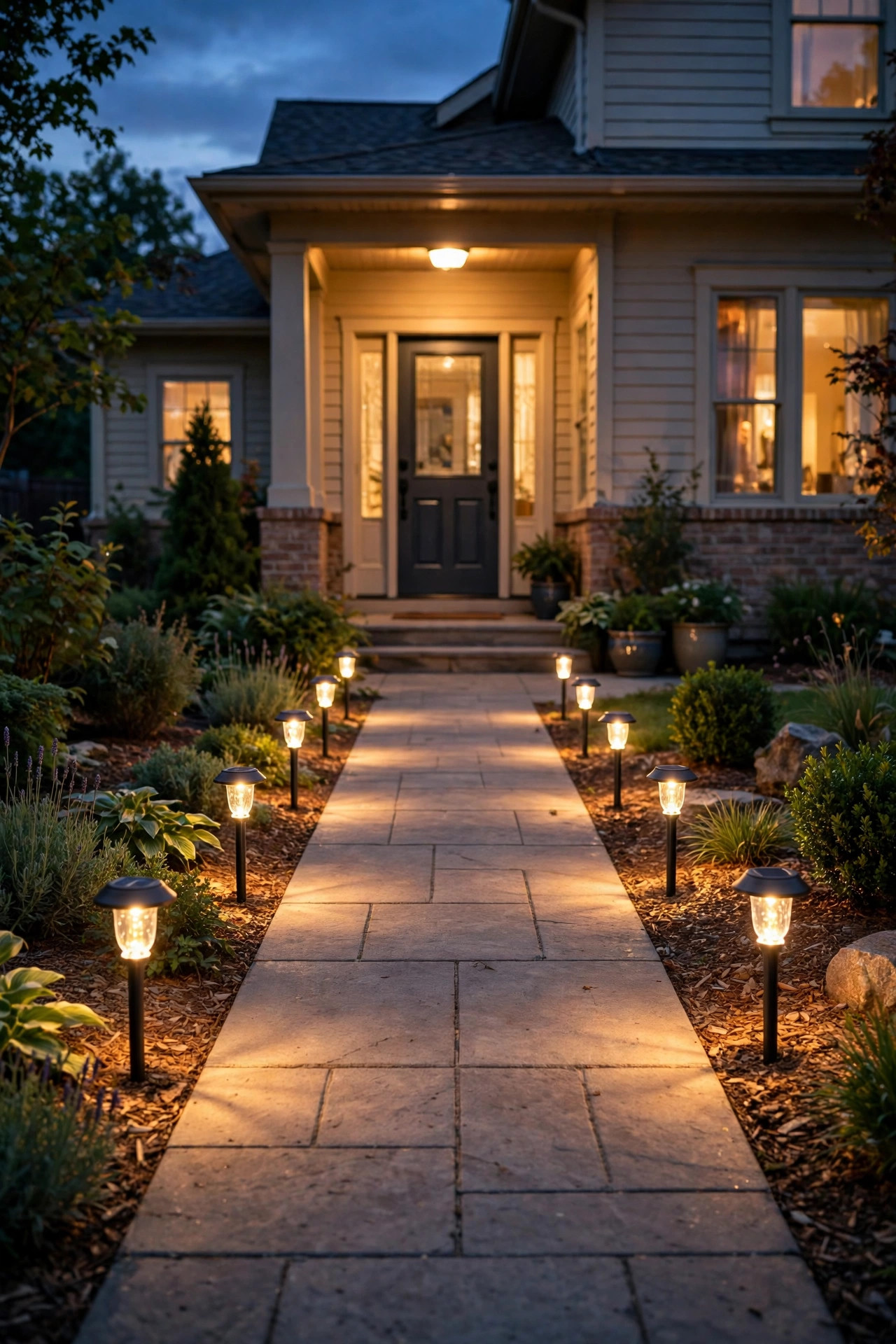 Warm white solar stake lights tucked between blooming flowers in a mulched garden bed