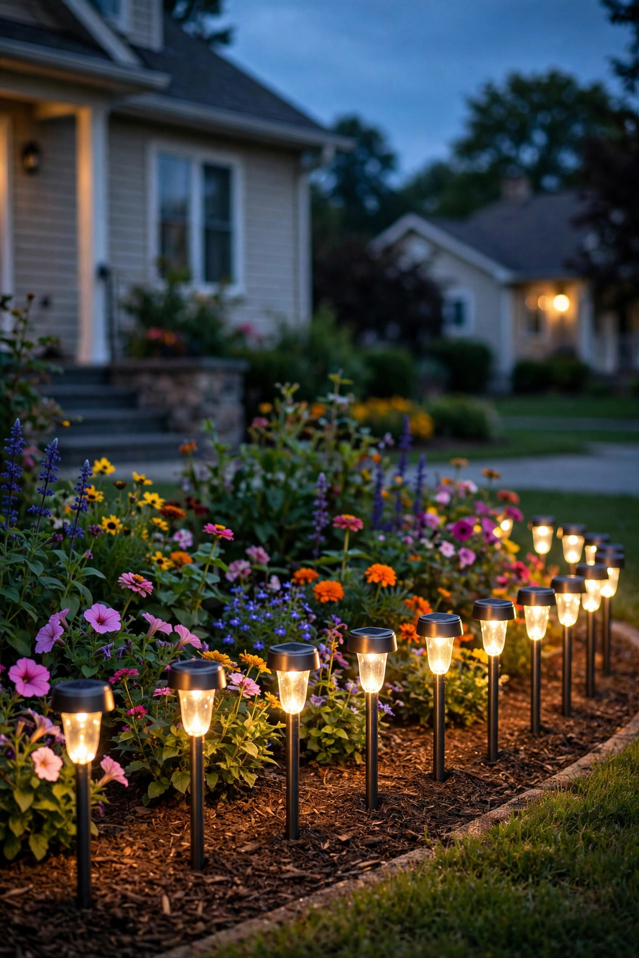 Warm white solar stake lights glowing along a patio edge and in planters at dusk