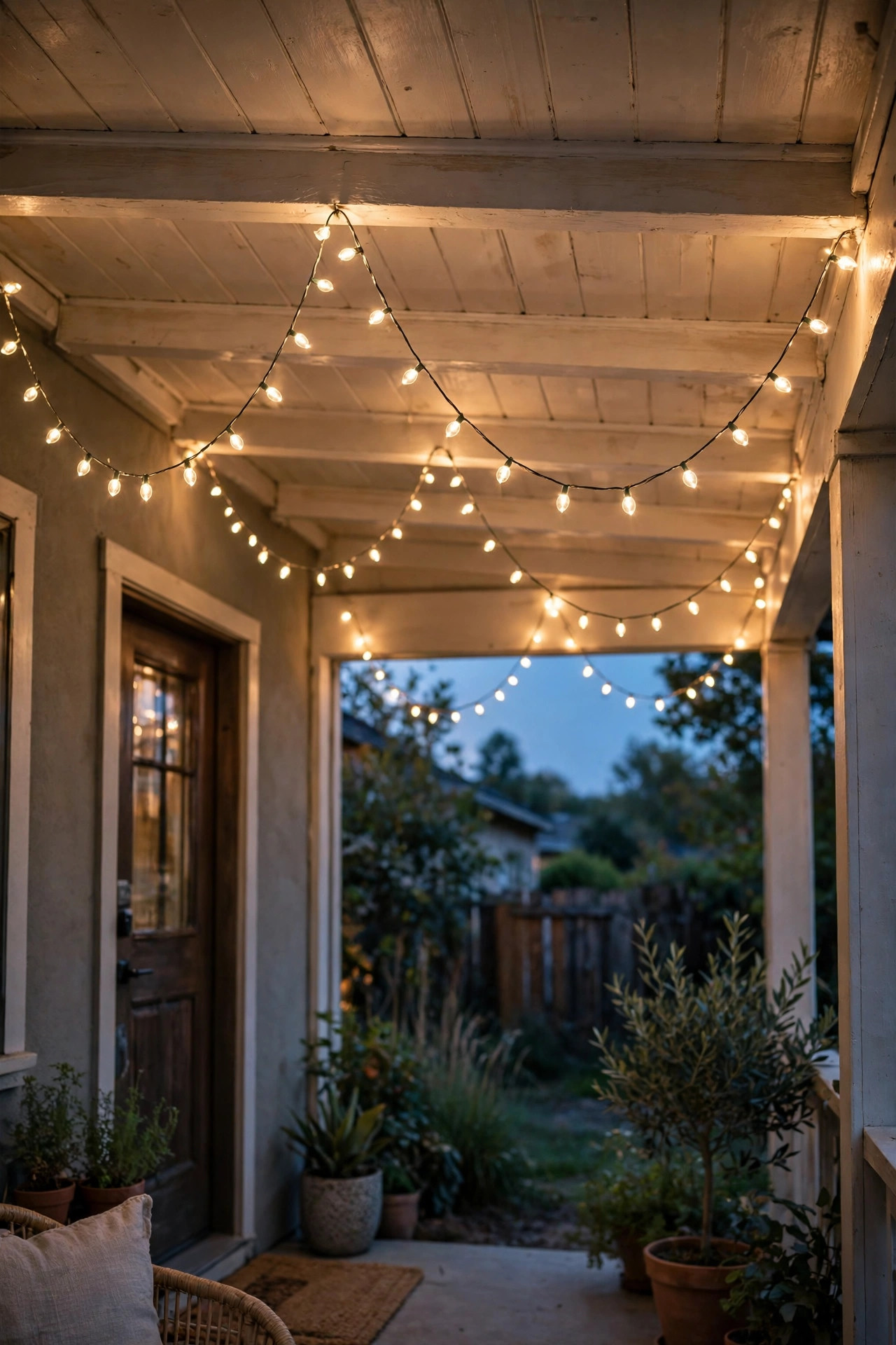 Solar string lights with warm Edison-style bulbs zigzagging over a backyard patio at dusk, small solar panel staked in a sunny flower bed