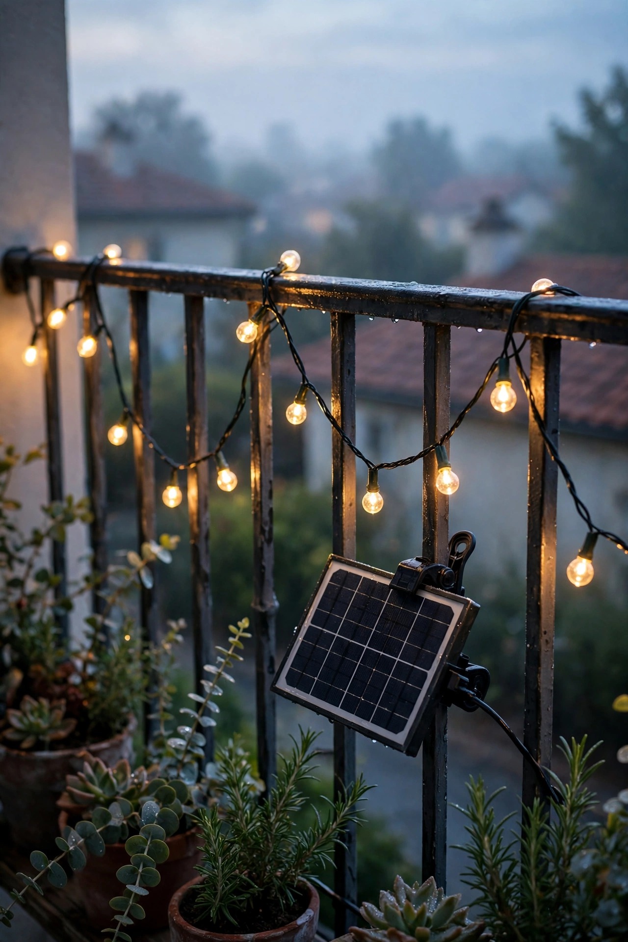 Warm solar string lights draped along a balcony railing at dawn with a small solar panel clipped to the rail