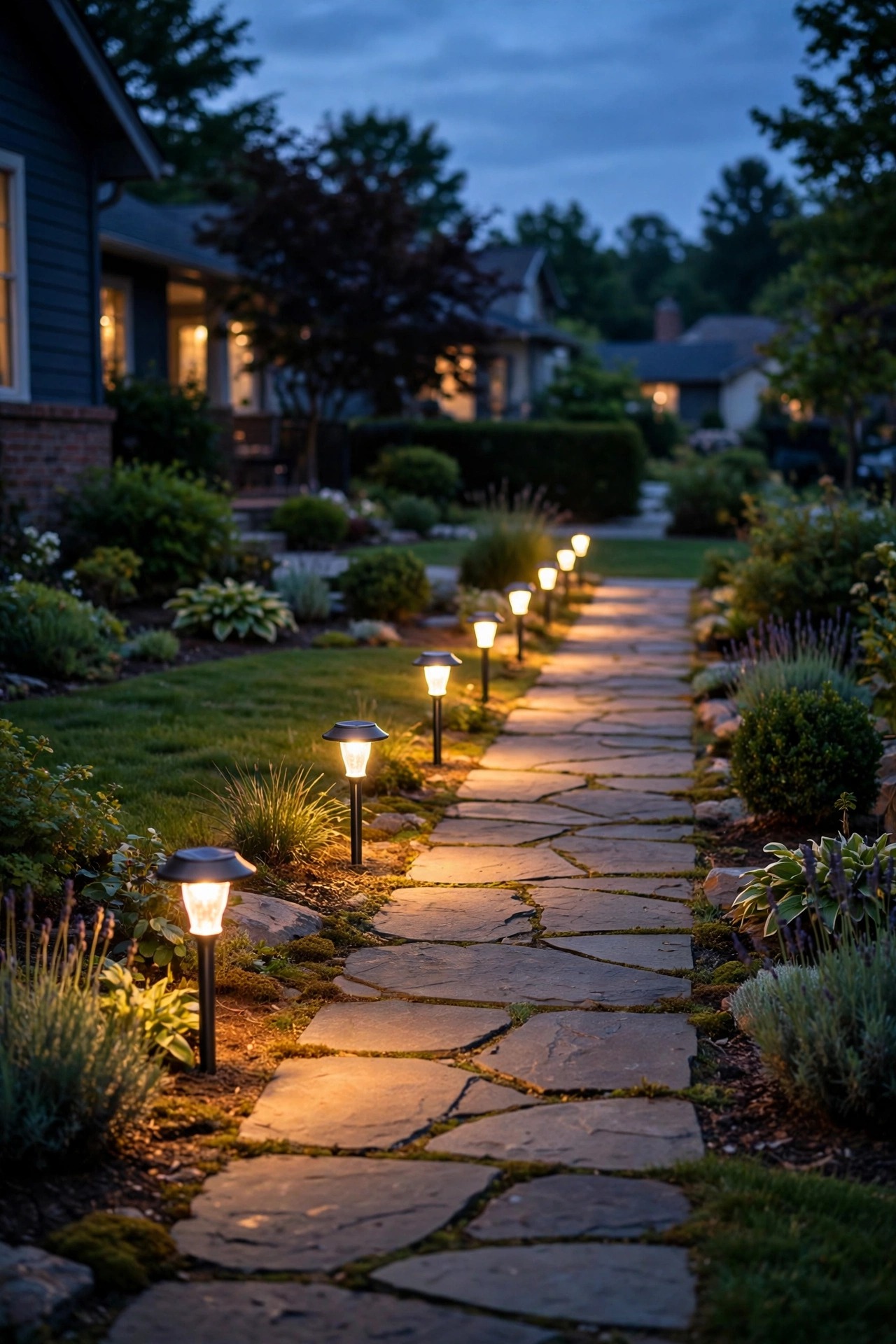 A row of warm white solar path lights lighting a stone walkway at dusk in a suburban front yard