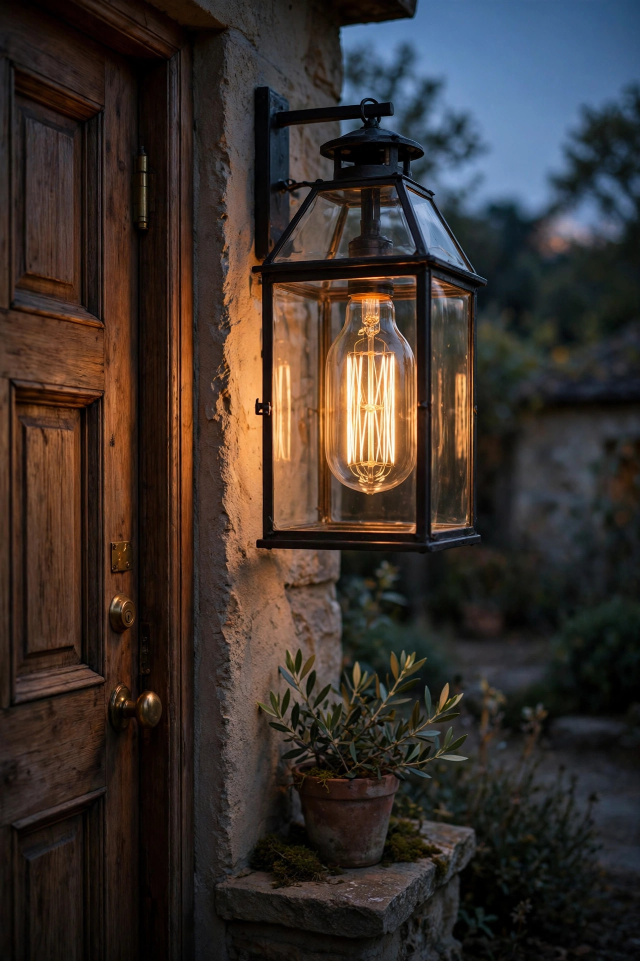Squirrel-cage vintage filament bulb glowing inside a clear-glass lantern beside a front door at dusk
