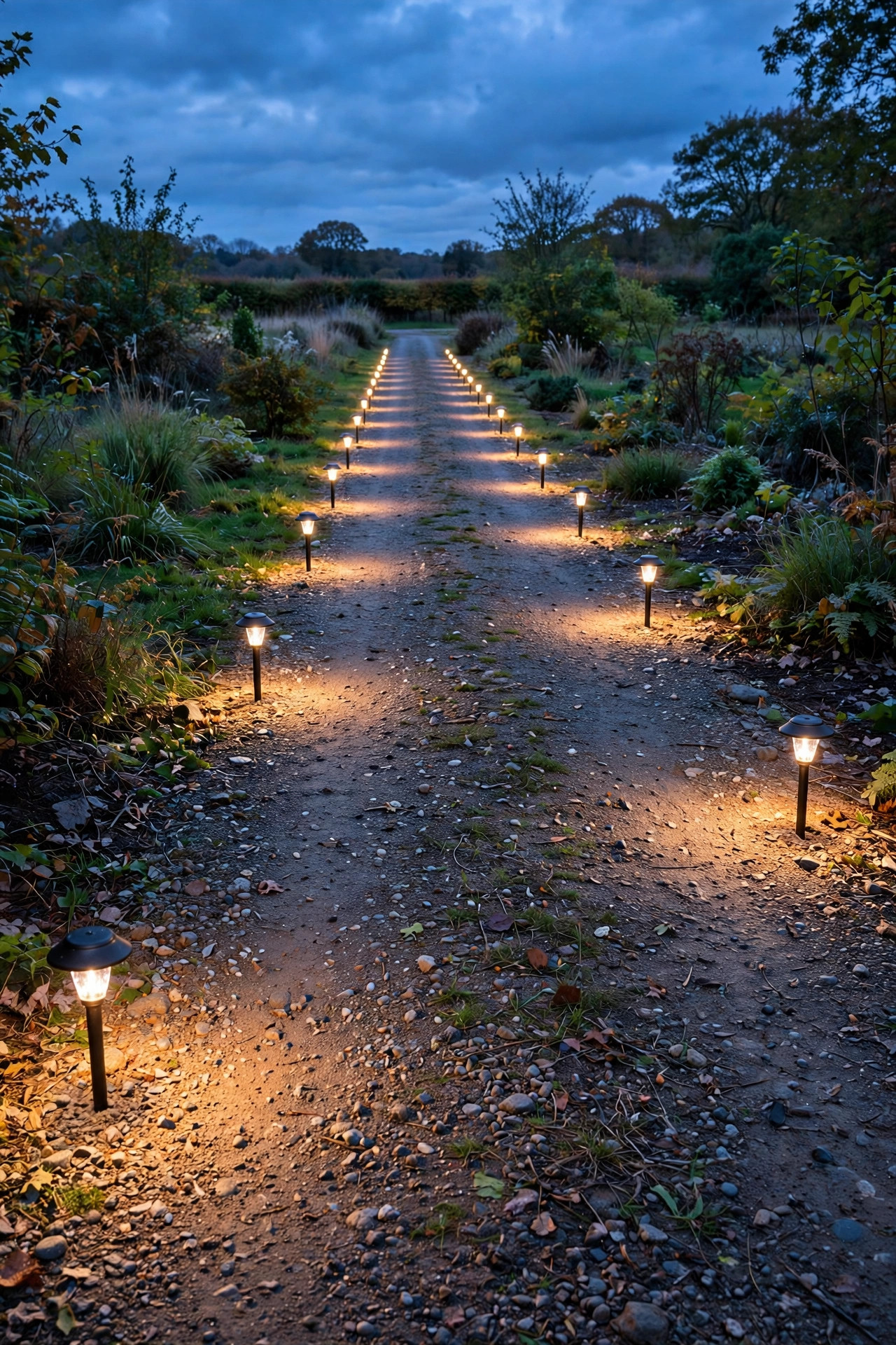 Low-voltage path lights staggered along both edges of a long driveway lighting the way at dusk