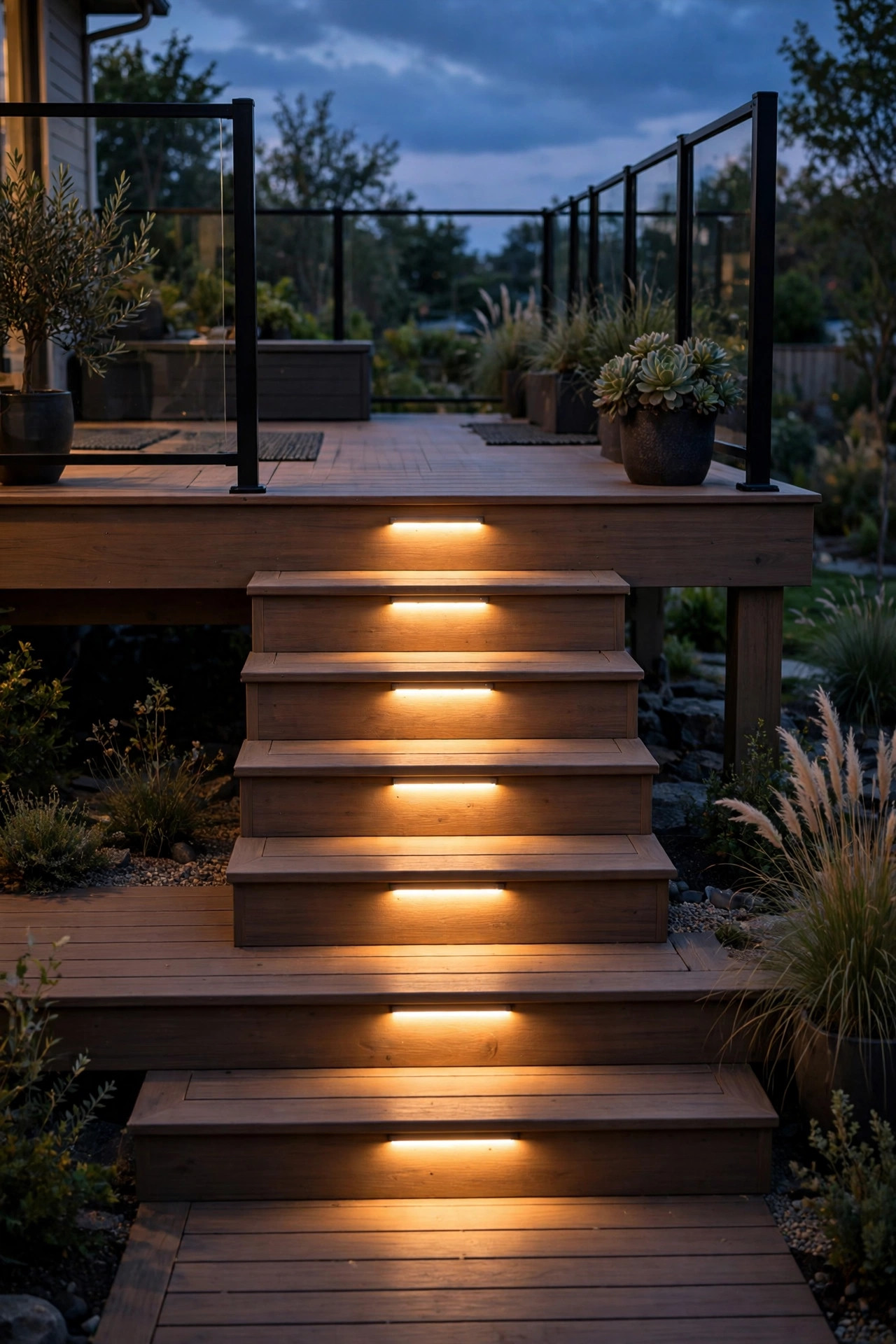 Recessed LED stair lights glowing on the risers of steps between two deck tiers at dusk