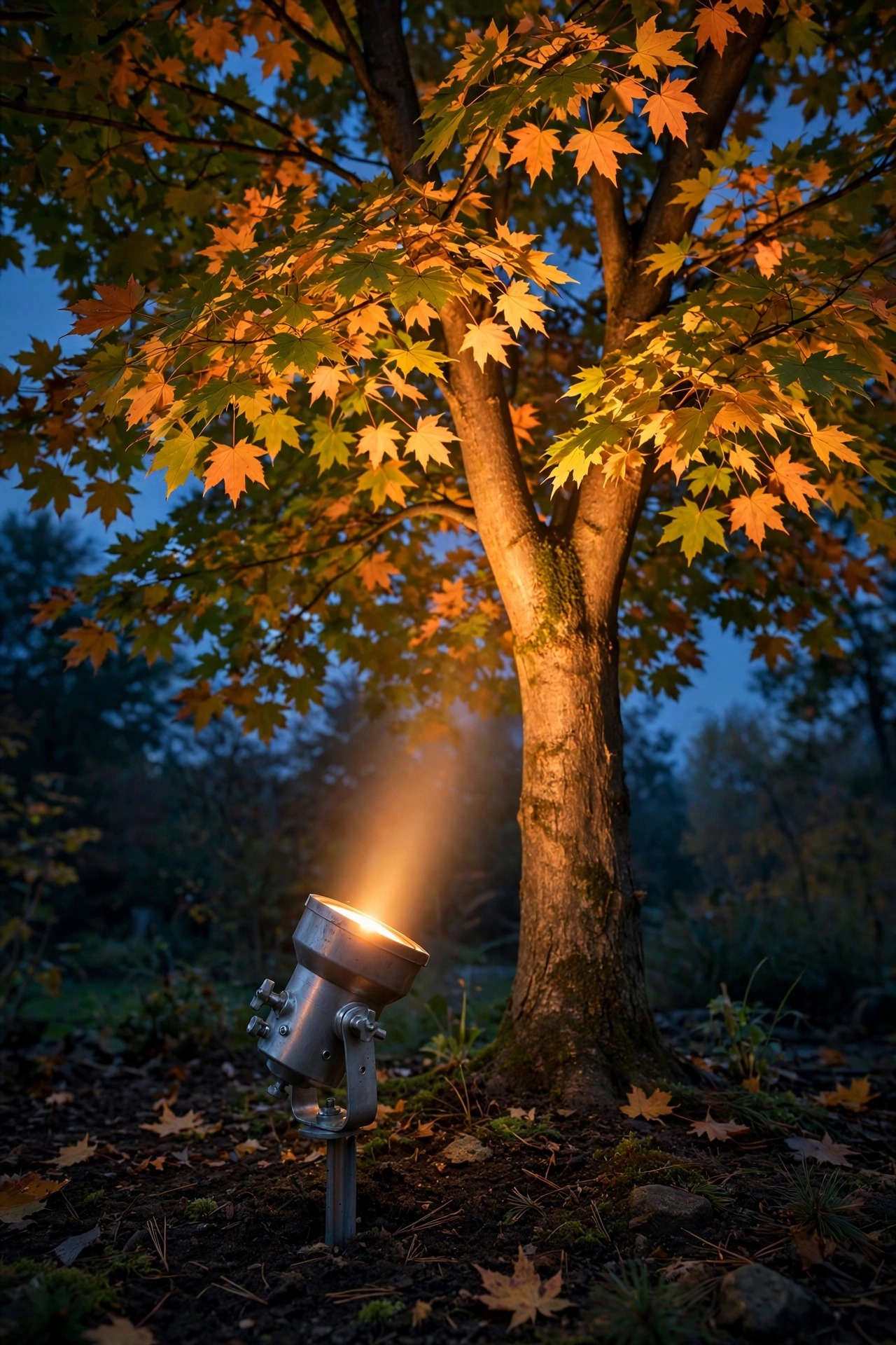 Adjustable metal stake spotlight at the base of a maple tree casting warm light up into the canopy at twilight