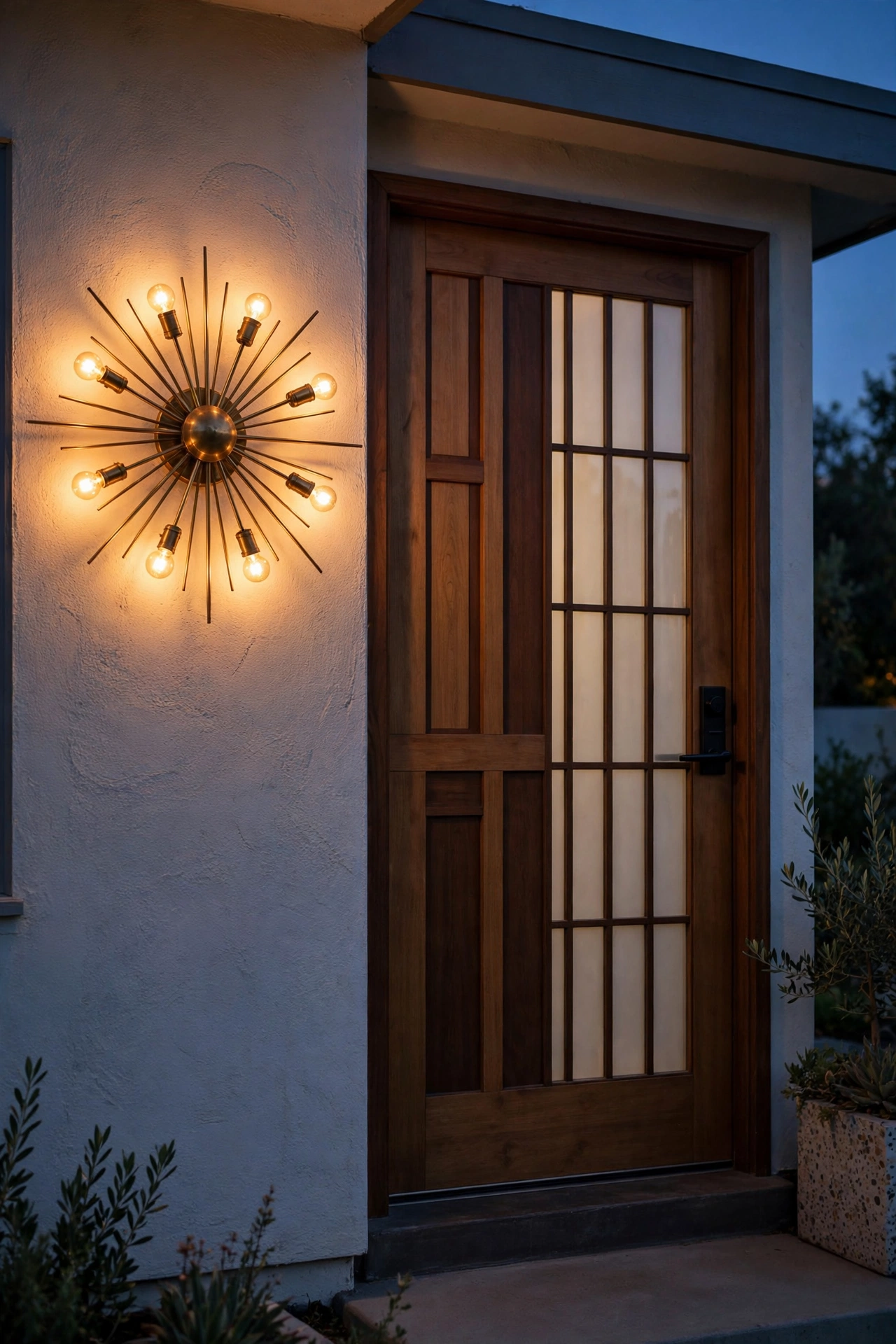 Brass starburst sconce glowing beside a mid century modern front door at dusk