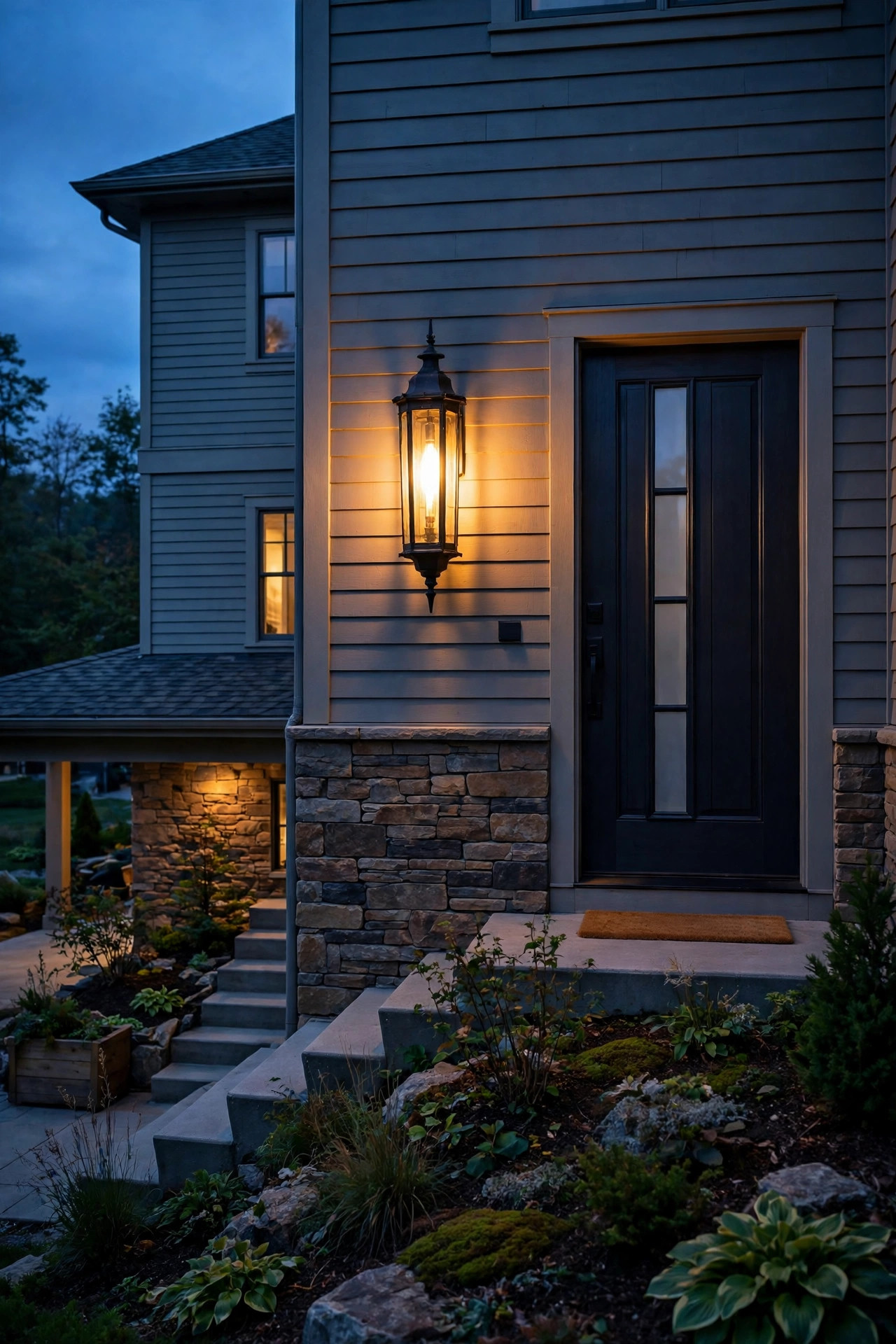 Tall lantern-style wall sconce glowing warmly beside the front door of a split-level home at dusk