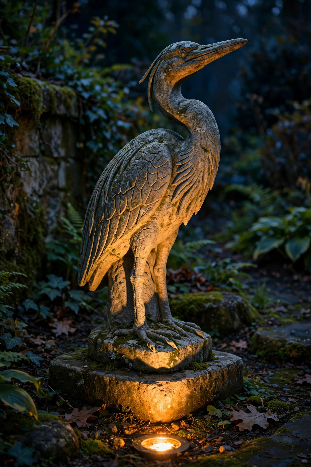 Garden statue of a heron lit by a single warm ground spotlight at night, soft carved shadows on the stone