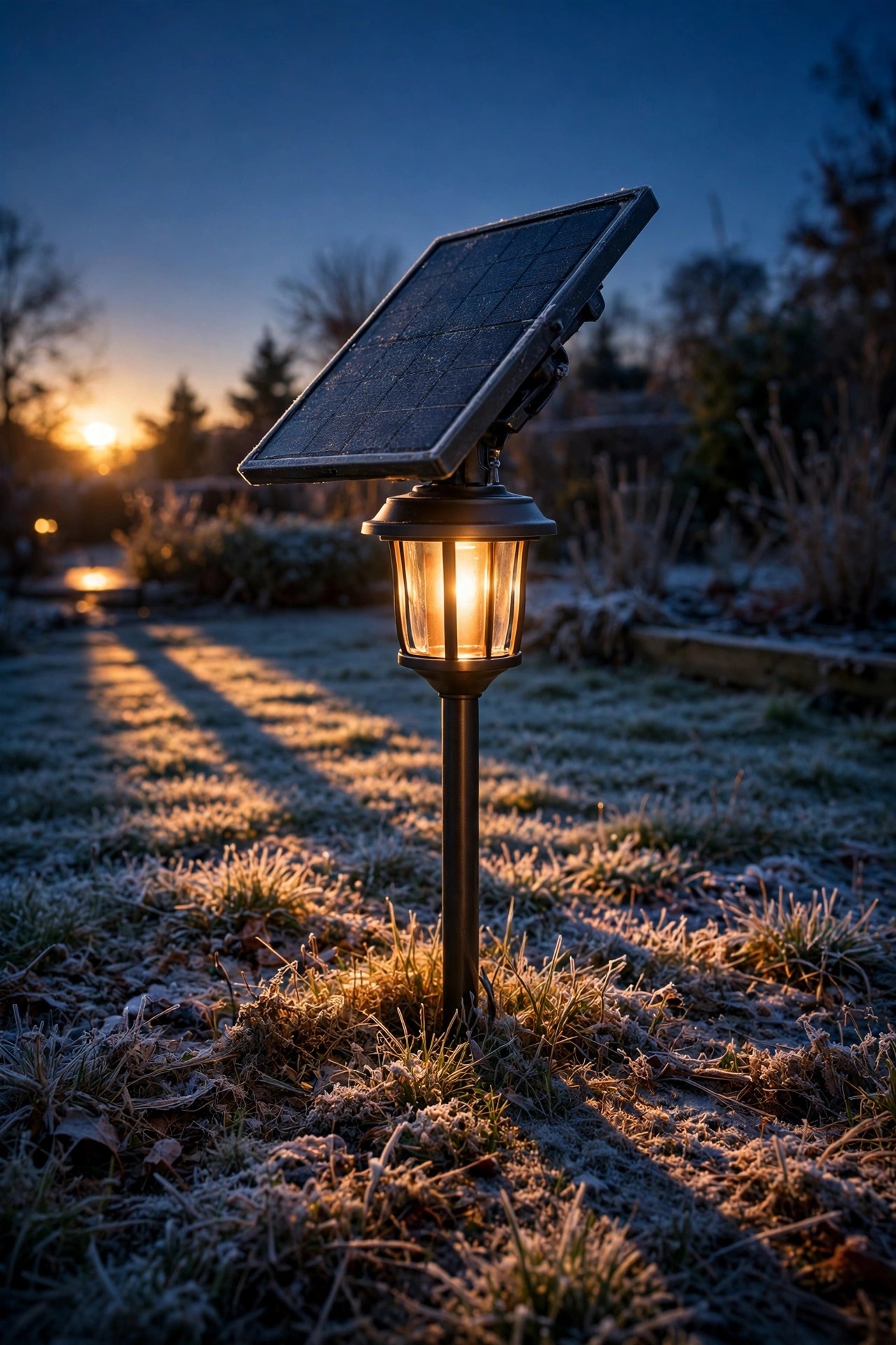 Solar panel on a garden light tilted steeply toward a low winter sun, long shadows across frosted grass at dusk