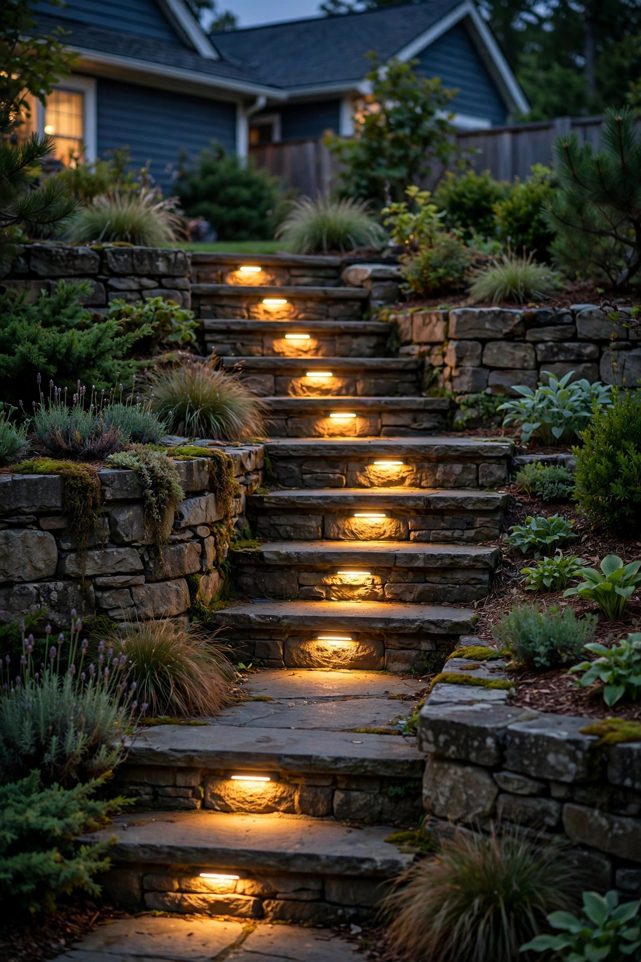 Recessed LED step lights glowing in the risers of stone stairs between terraced garden levels