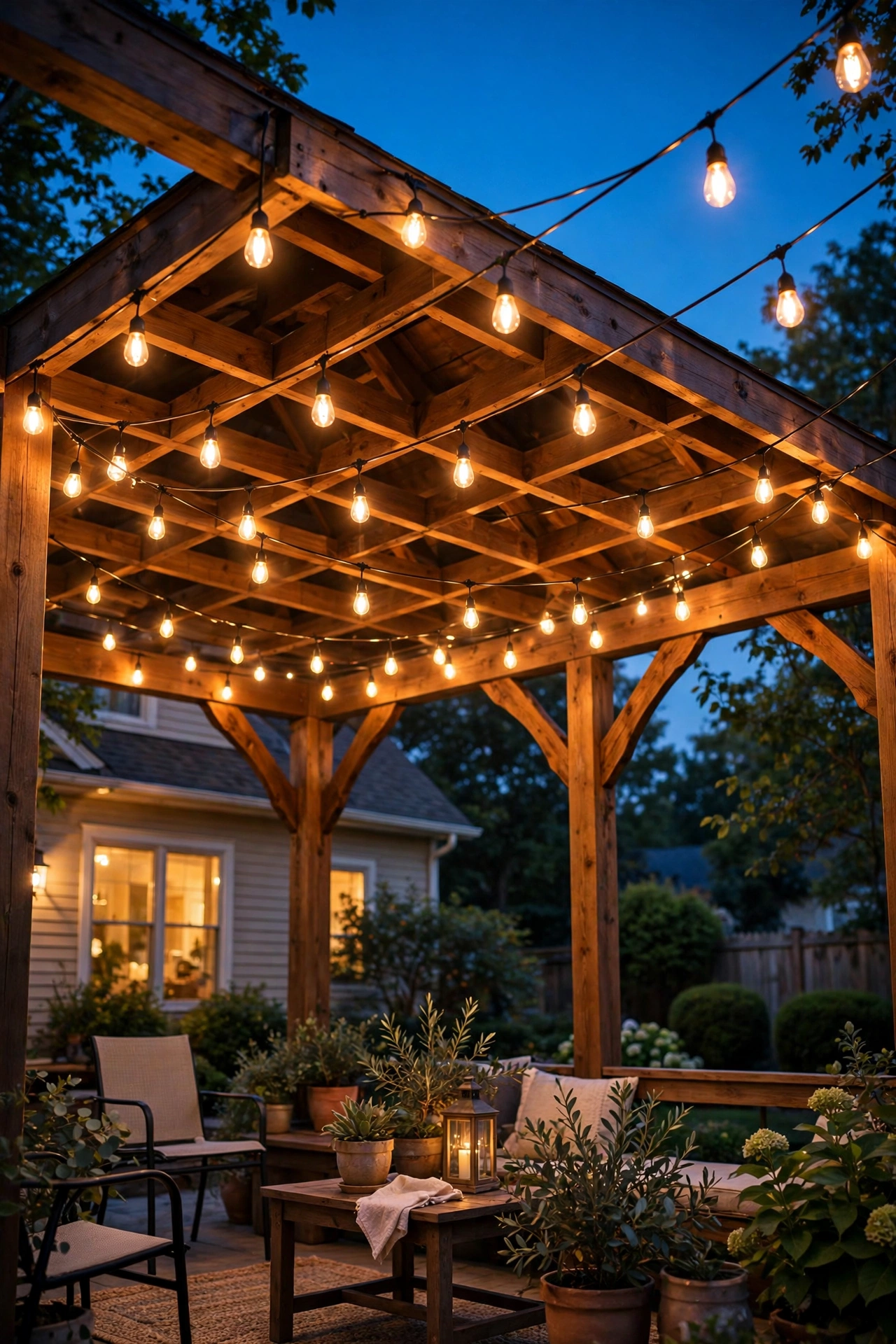 Gazebo ceiling covered in a glowing canopy of warm string lights for backyard retreat lighting