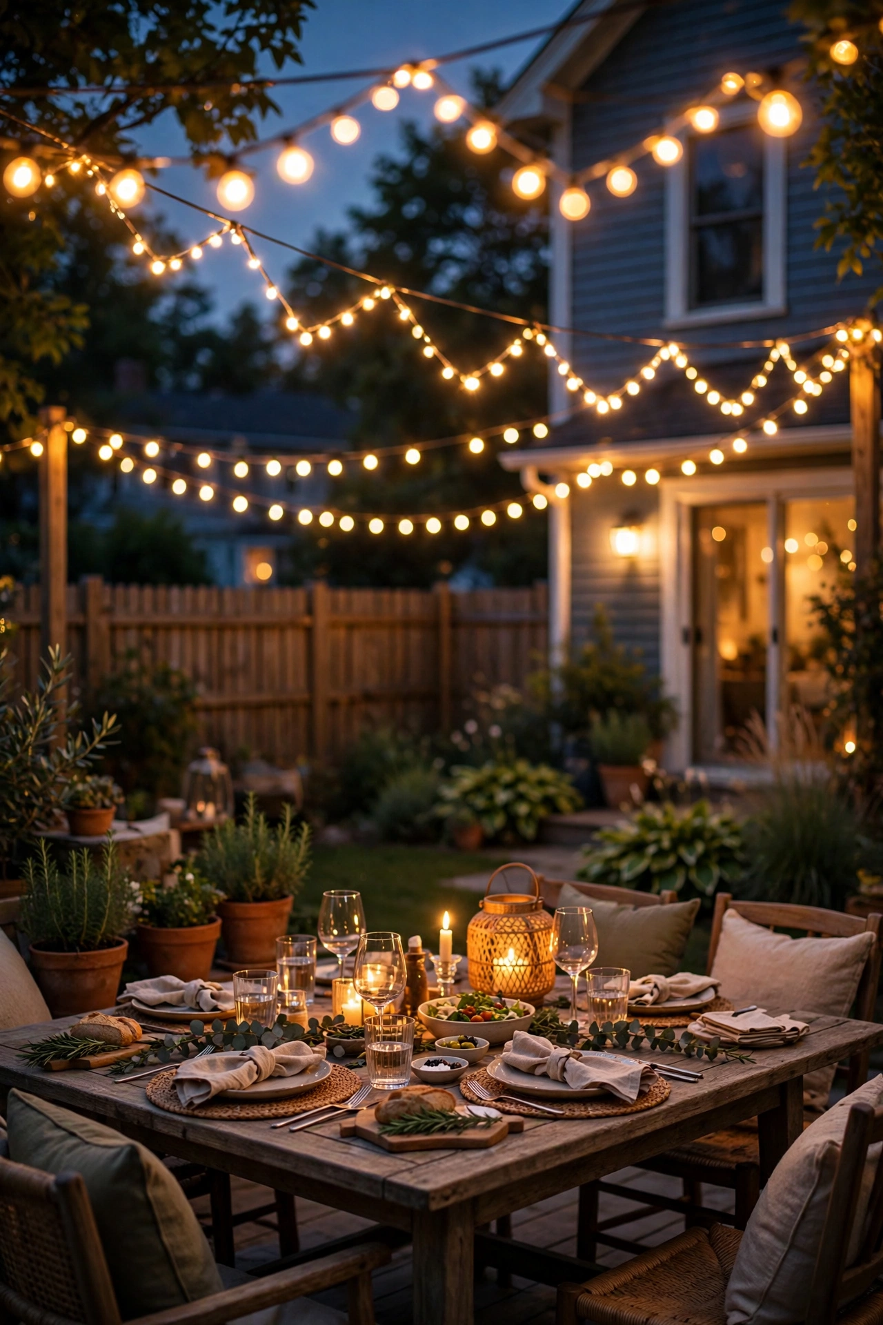Zigzagged café string lights glowing above an outdoor party dining table at night
