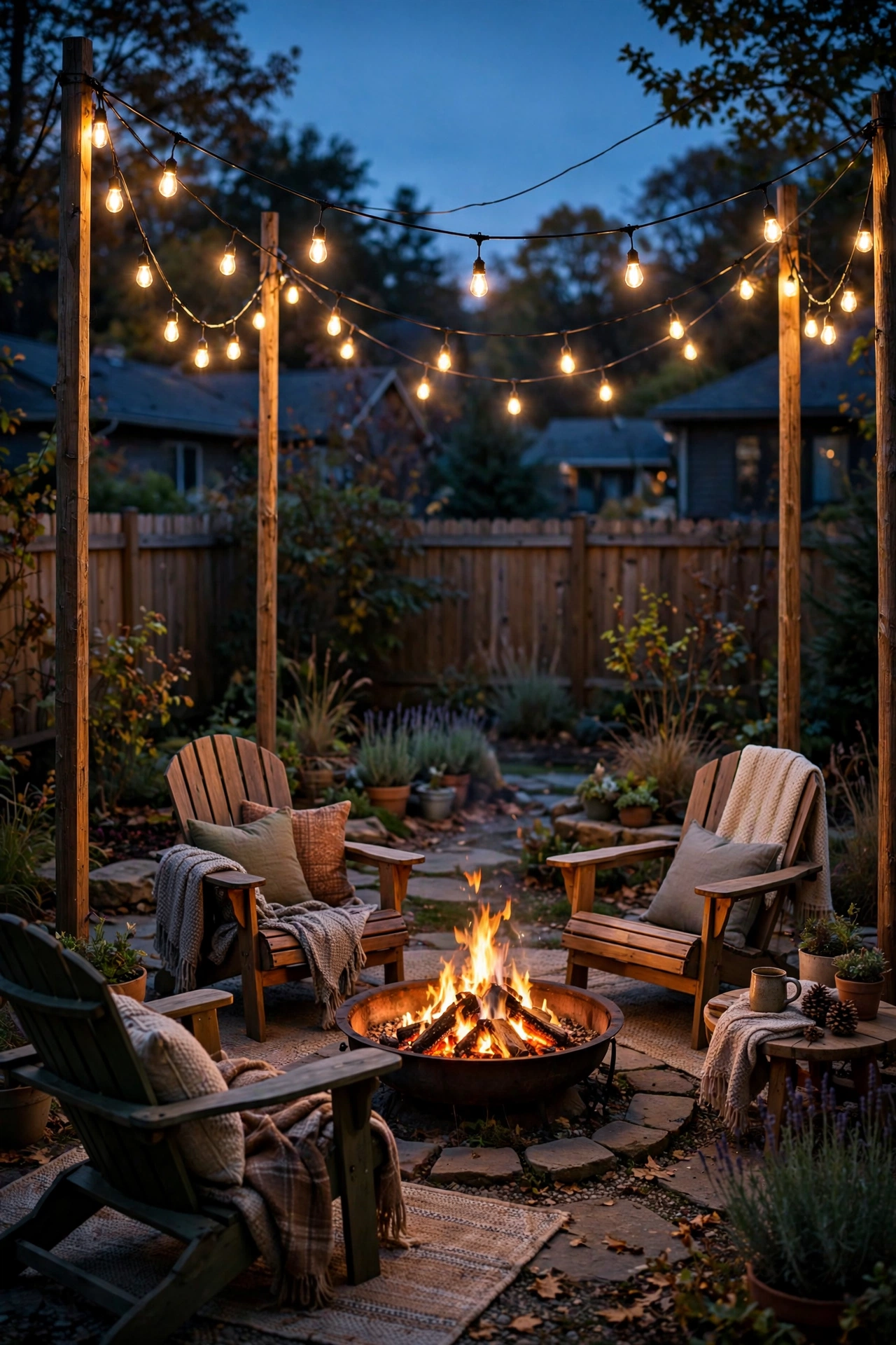 String light canopy with warm Edison-style bulbs swagged over a fire pit seating area at dusk