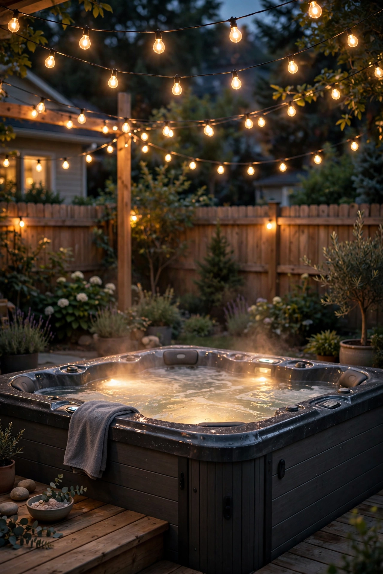 Warm string lights draped overhead above a glowing hot tub at night