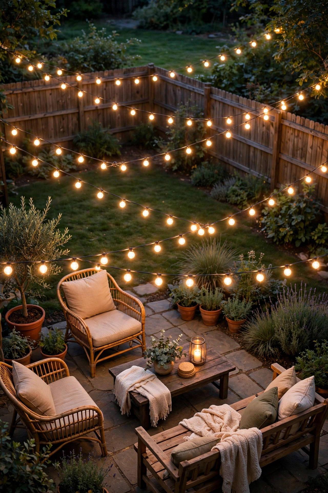 Overhead canopy of warm string lights glowing over a backyard party seating area at dusk
