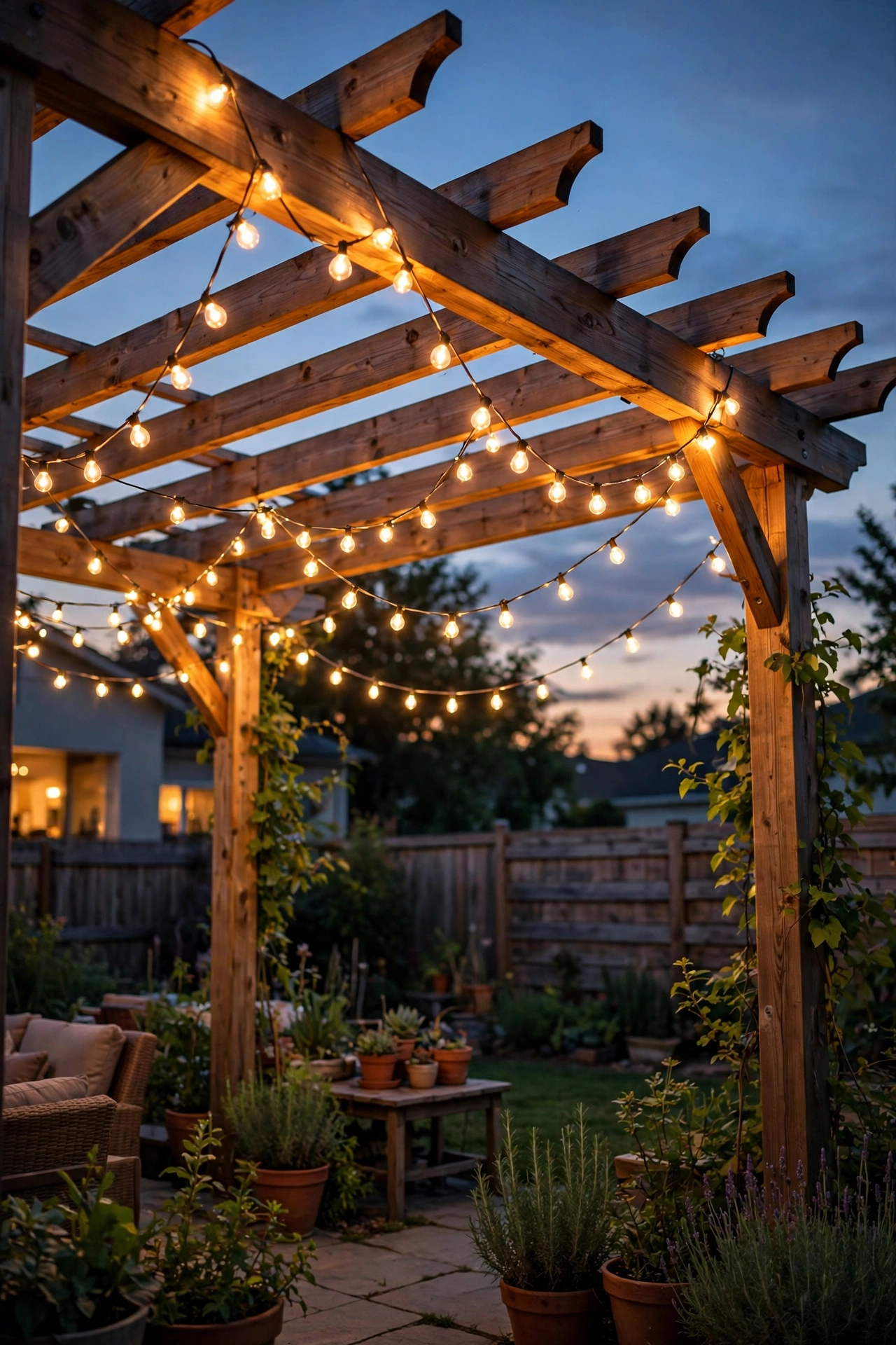 Warm string light canopy zigzagged across a wooden pergola at dusk