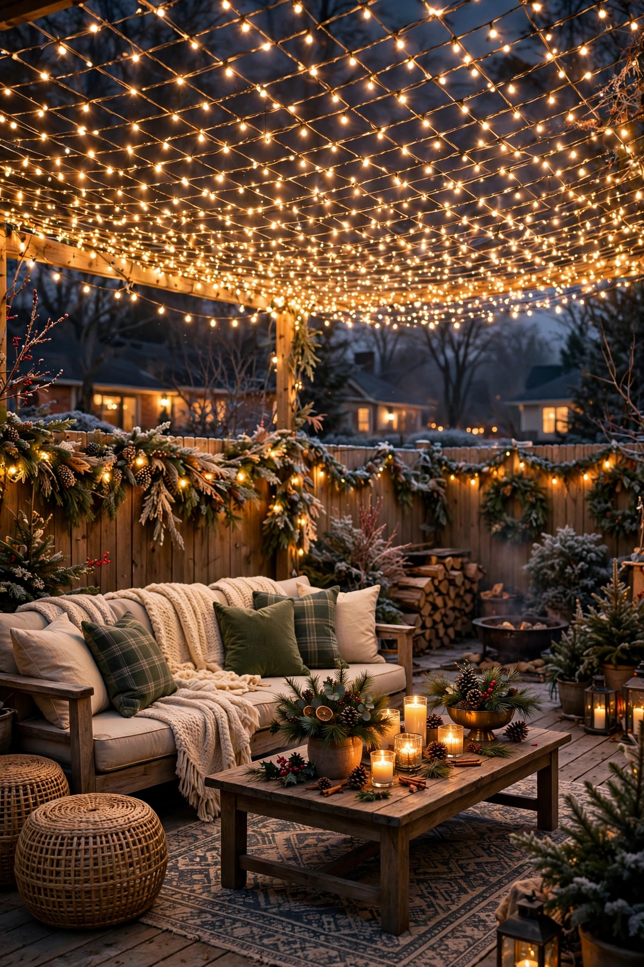 String light canopy glowing over a backyard New Year's Eve party zone at night