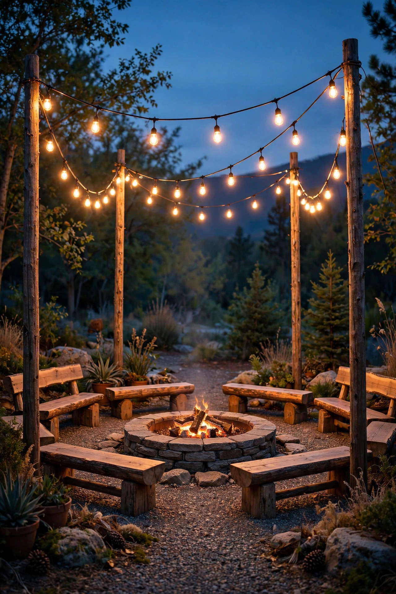 Warm string lights swagged on poles above a fire pit seating circle at dusk