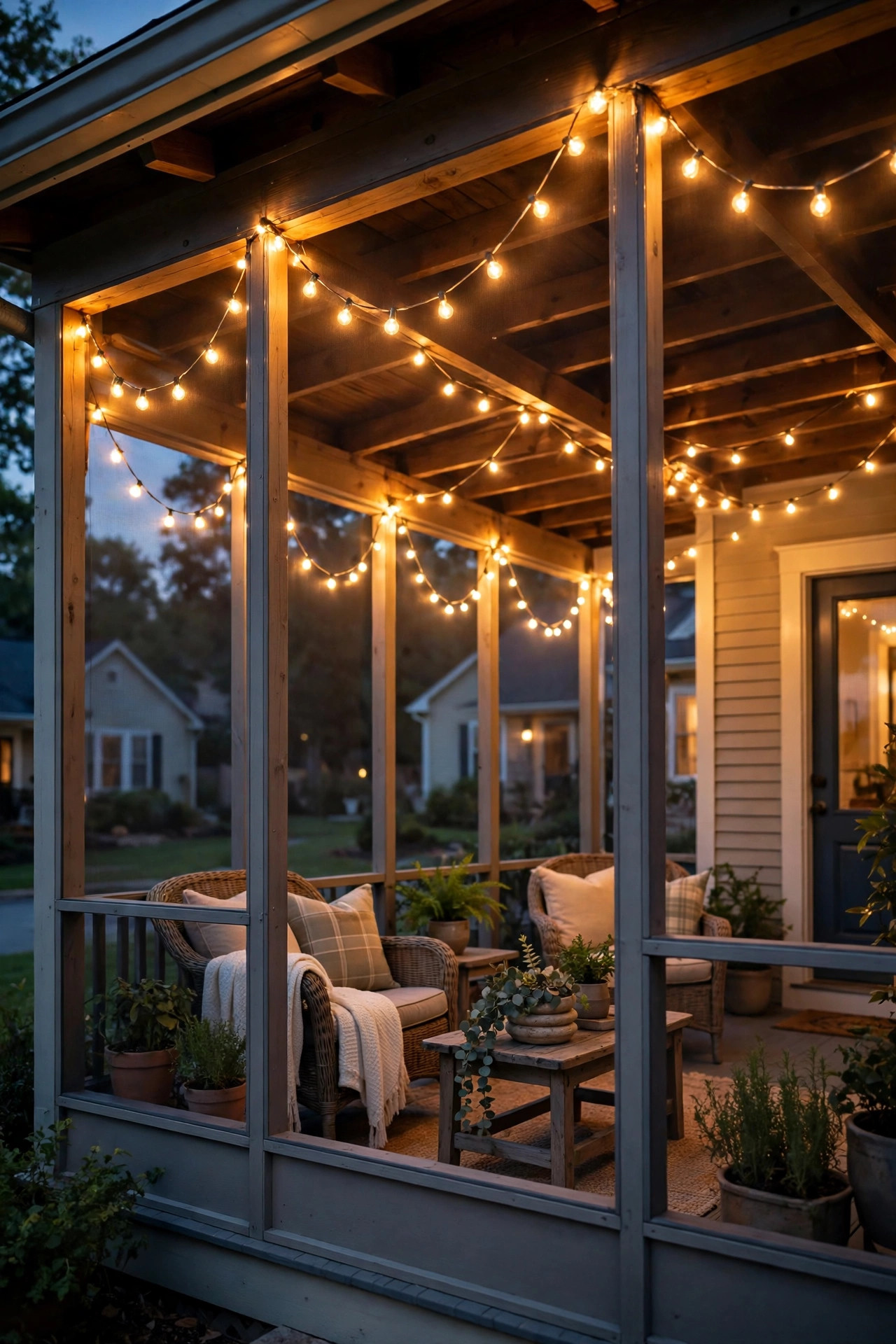 Warm white string lights draped in swags along screened porch ceiling beams at dusk