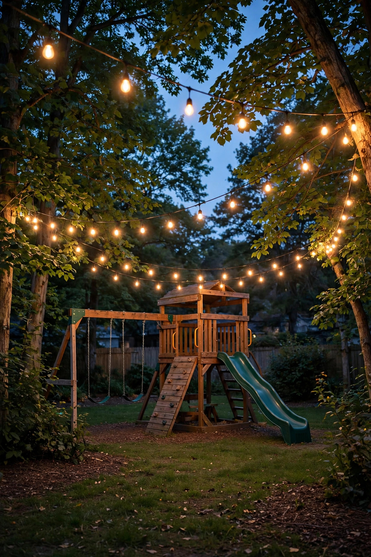 Warm string lights swagged between trees framing a backyard playset at dusk