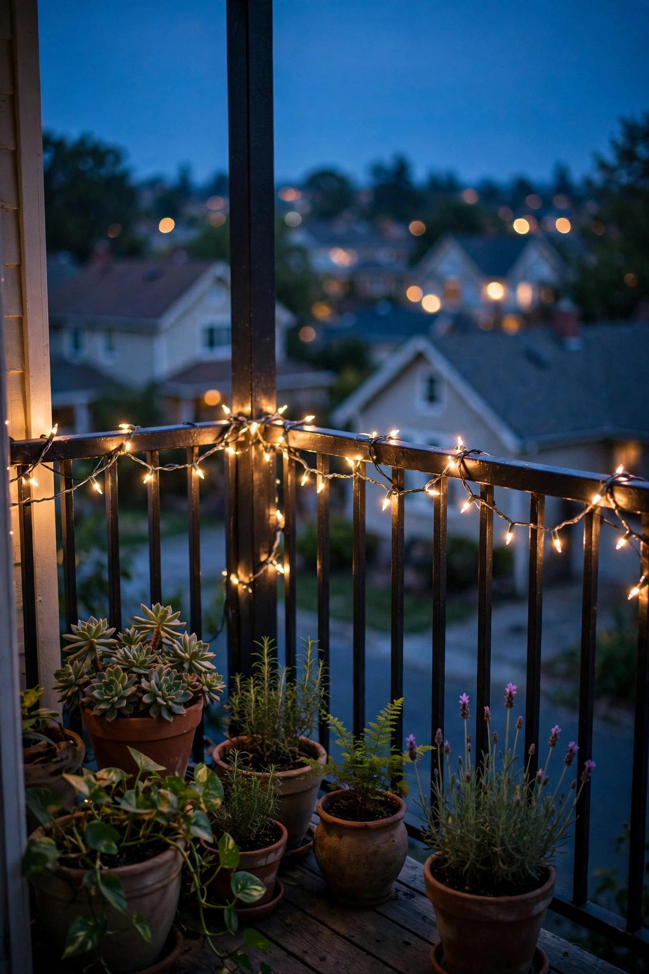 Warm white string lights draped along an apartment balcony railing at dusk