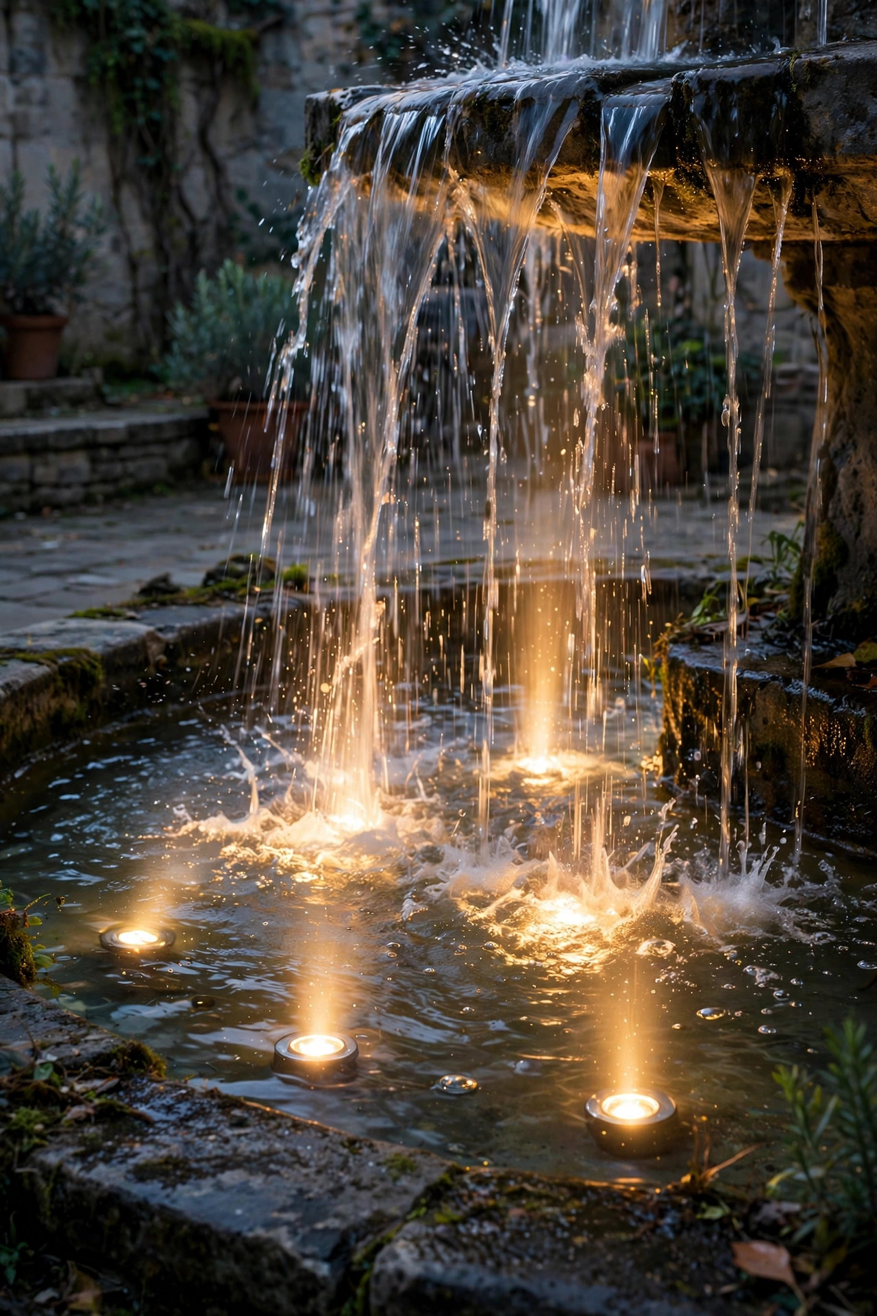 Underwater LED spotlights glowing in a courtyard fountain basin, light shining up through falling water