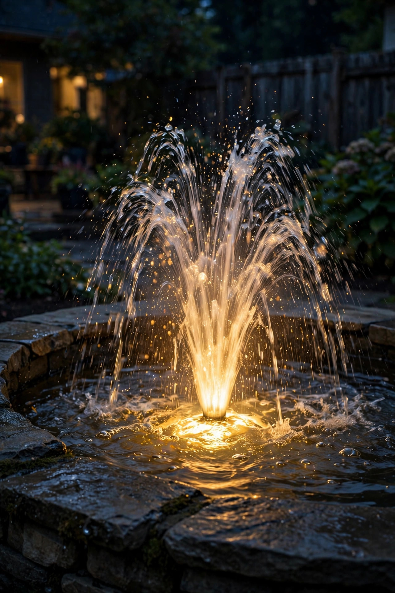 submersible LED spotlight glowing upward through fountain water at night