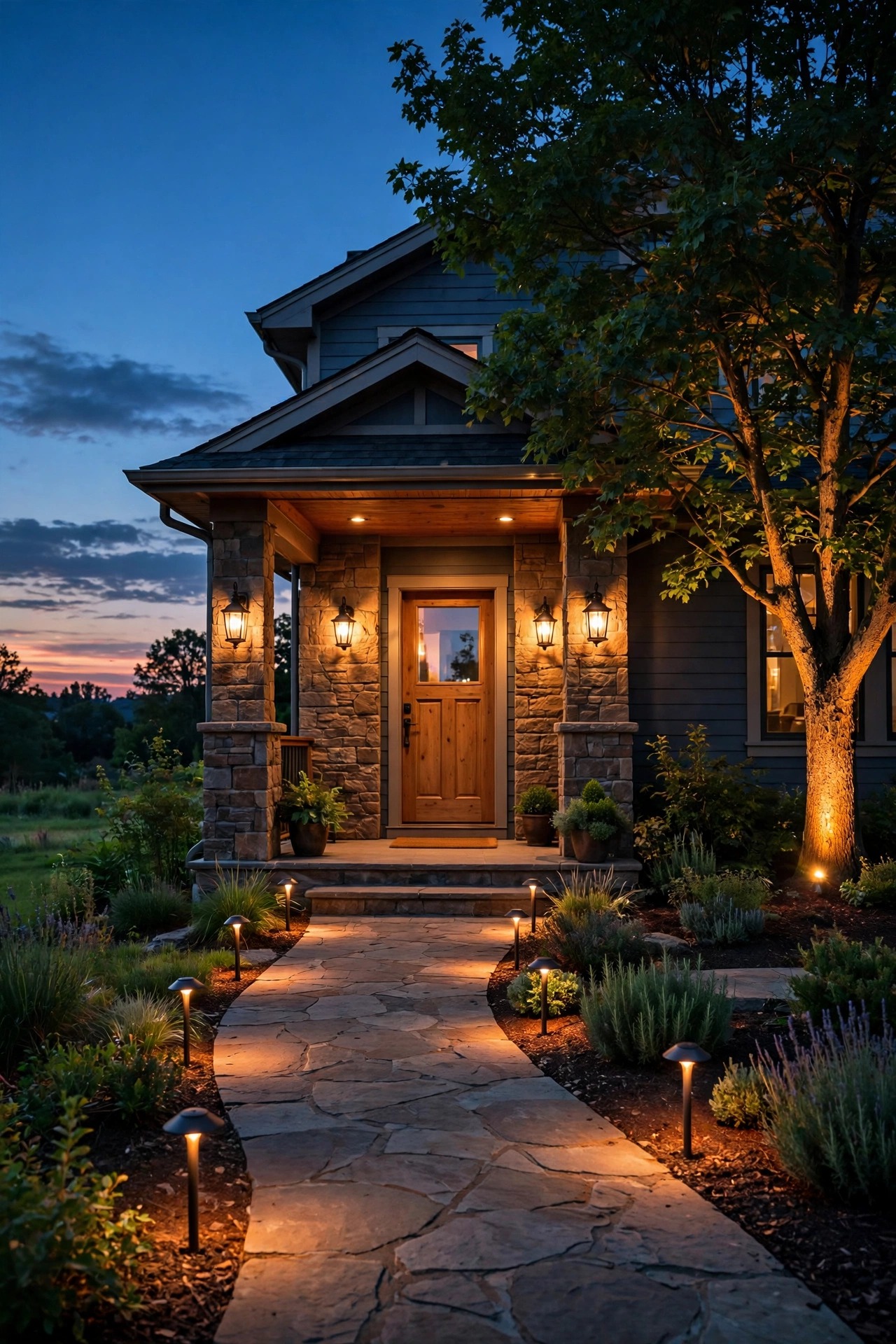Front walkway and porch glowing warm at sunset with path lights, sconces, and a tree uplight turning on in layers