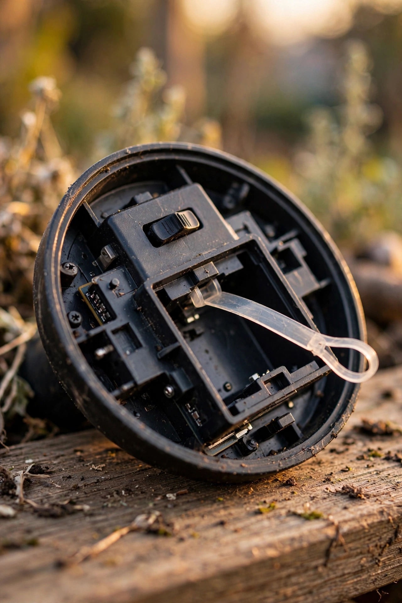 Close-up of the underside of a solar path light cap showing a small on-off slider switch and a plastic battery pull tab