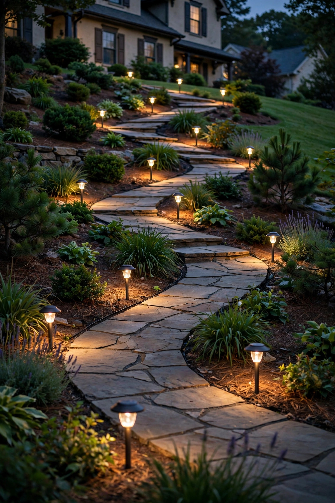 Low-voltage path lights staggered along a switchback path on a sloped front yard at dusk