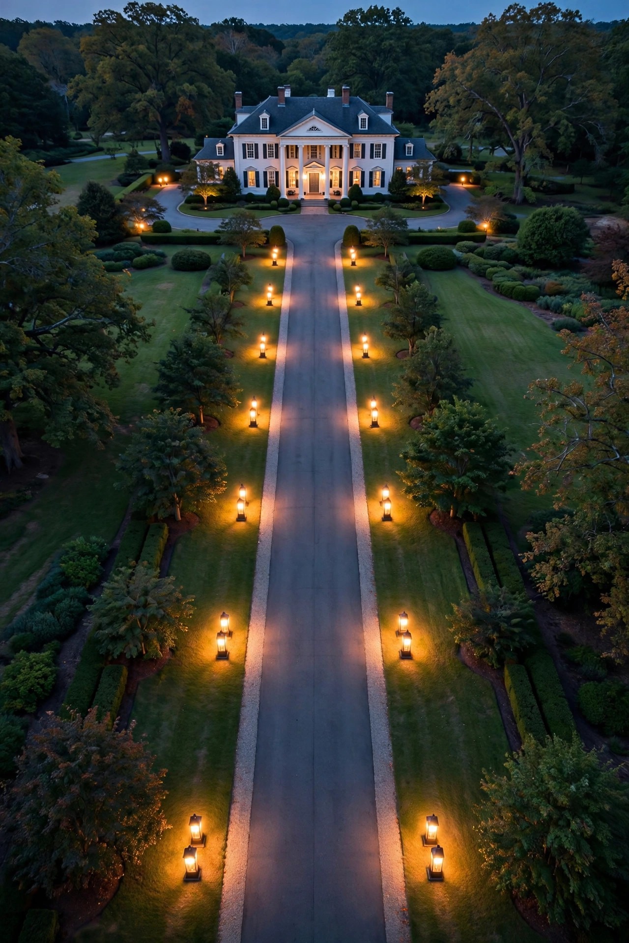 Hand-drawn symmetrical lighting plan for a colonial driveway with mirrored fixture pairs marked along both edges