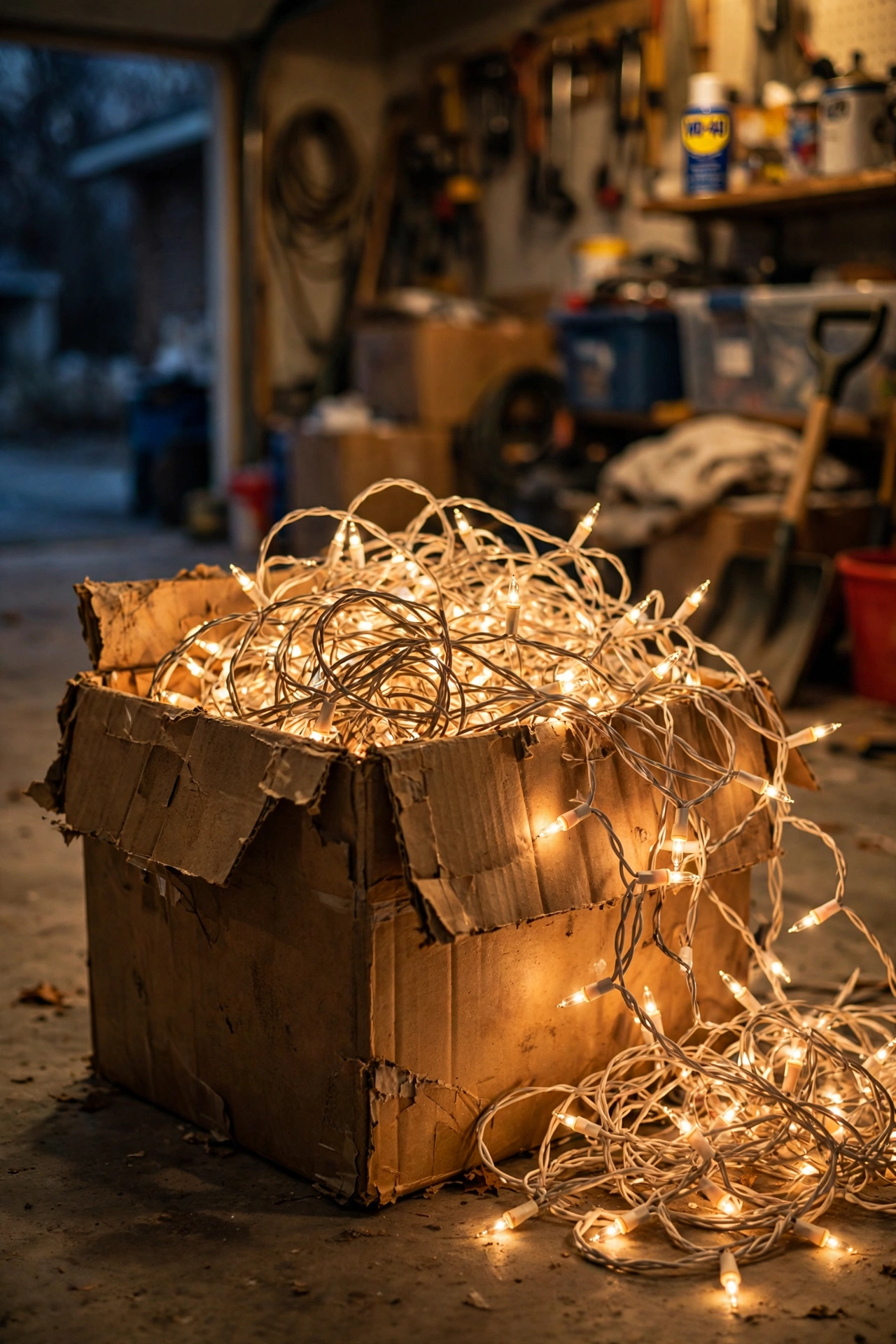 Tangled ball of outdoor Christmas lights spilling from an old cardboard storage box, showing why proper storage matters