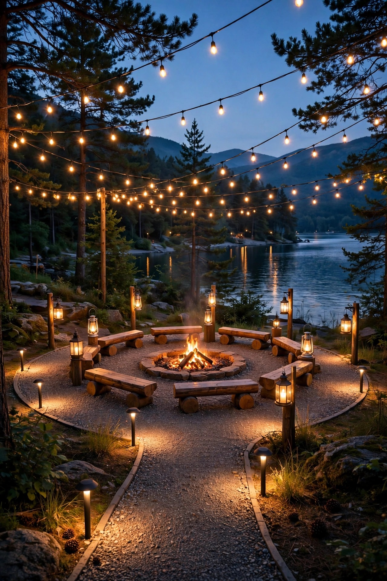Wide view of a lakeside fire pit circle showing three layers of warm light, low path lights, lanterns at seating height and string lights overhead