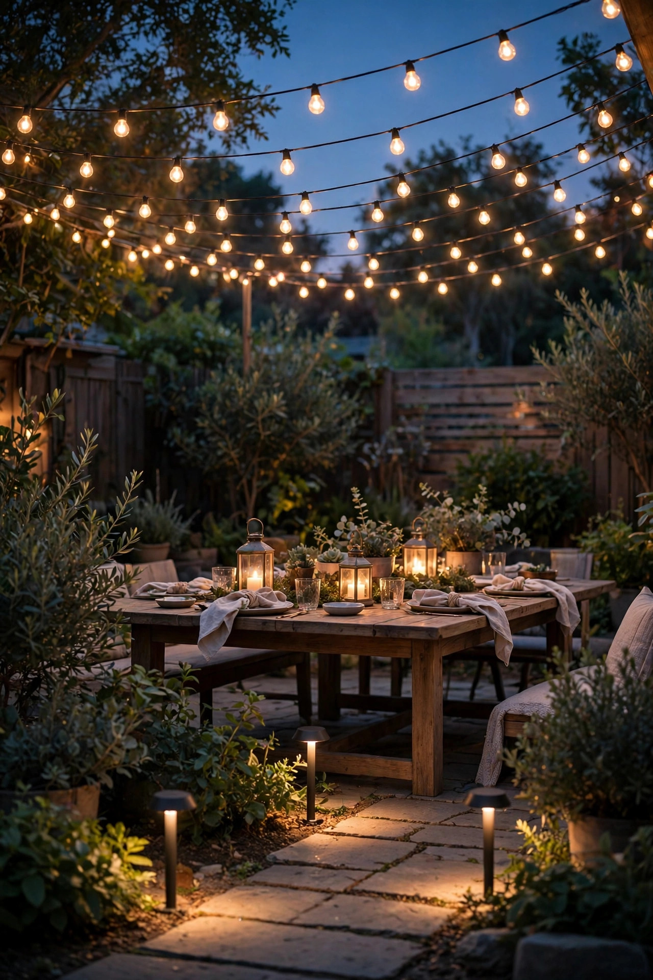 Garden party scene showing three layers of light with an overhead canopy, glowing table lanterns and low path lights along a walkway
