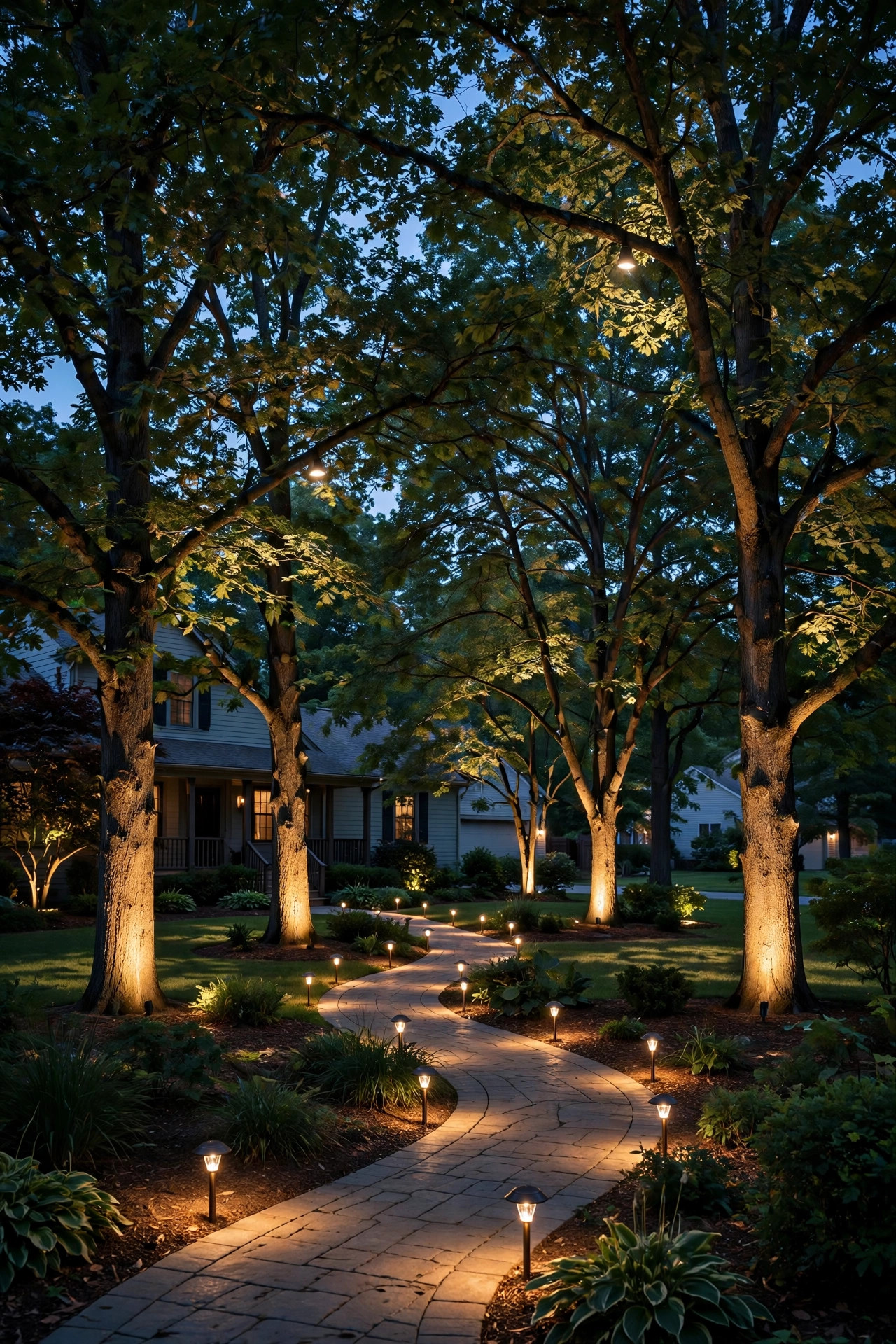 Evening photo illustrating the three layers of landscape lighting: glowing path lights, uplights on trees, and soft moonlighting in the canopy