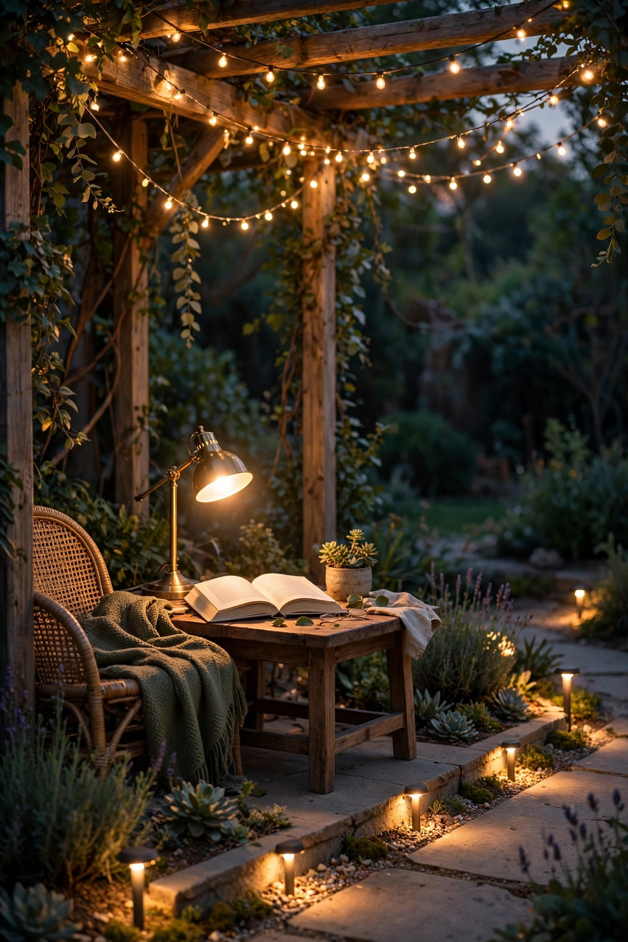 Reading corner showing three layers of light with a focused lamp on a book, soft string lights above and low path lights along the edge