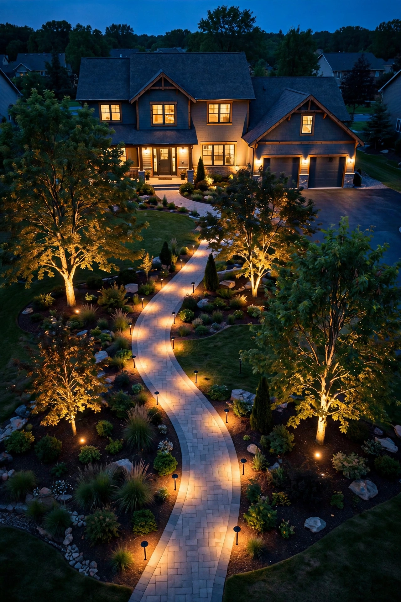 Dusk view of a home showing all three landscape lighting zones — path lights, tree accent uplights, and soft wall wash on the house
