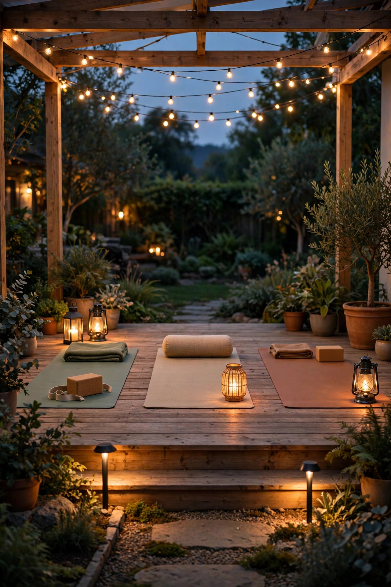 Layered outdoor yoga lighting with low path lights, lanterns at mat level and a soft overhead glow on a deck