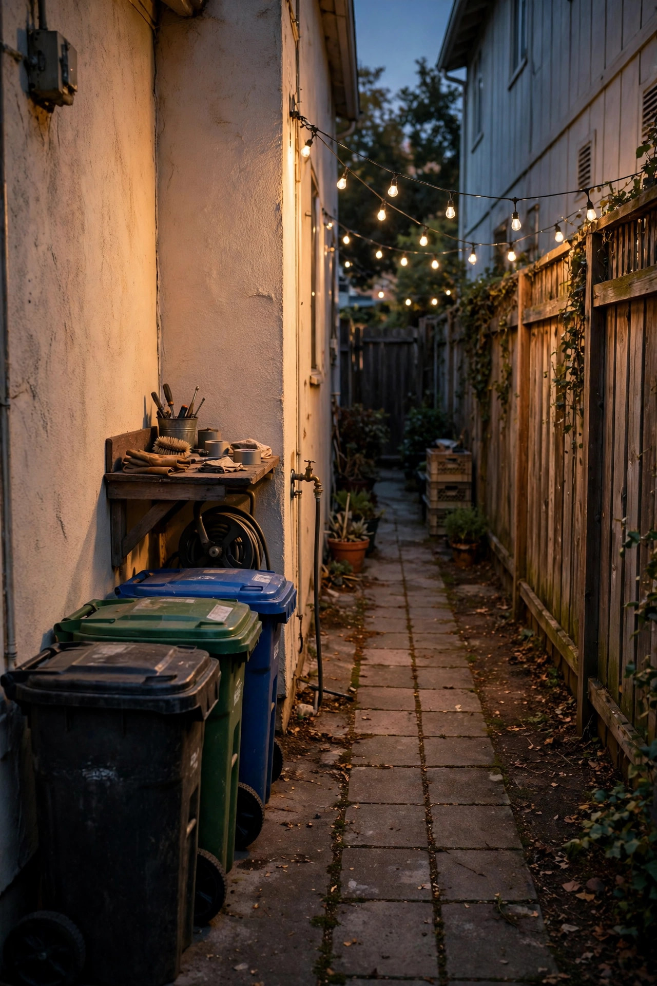 Narrow utility side yard at dusk showing a bin work area, a walking passage, and a fence backdrop ready for lighting
