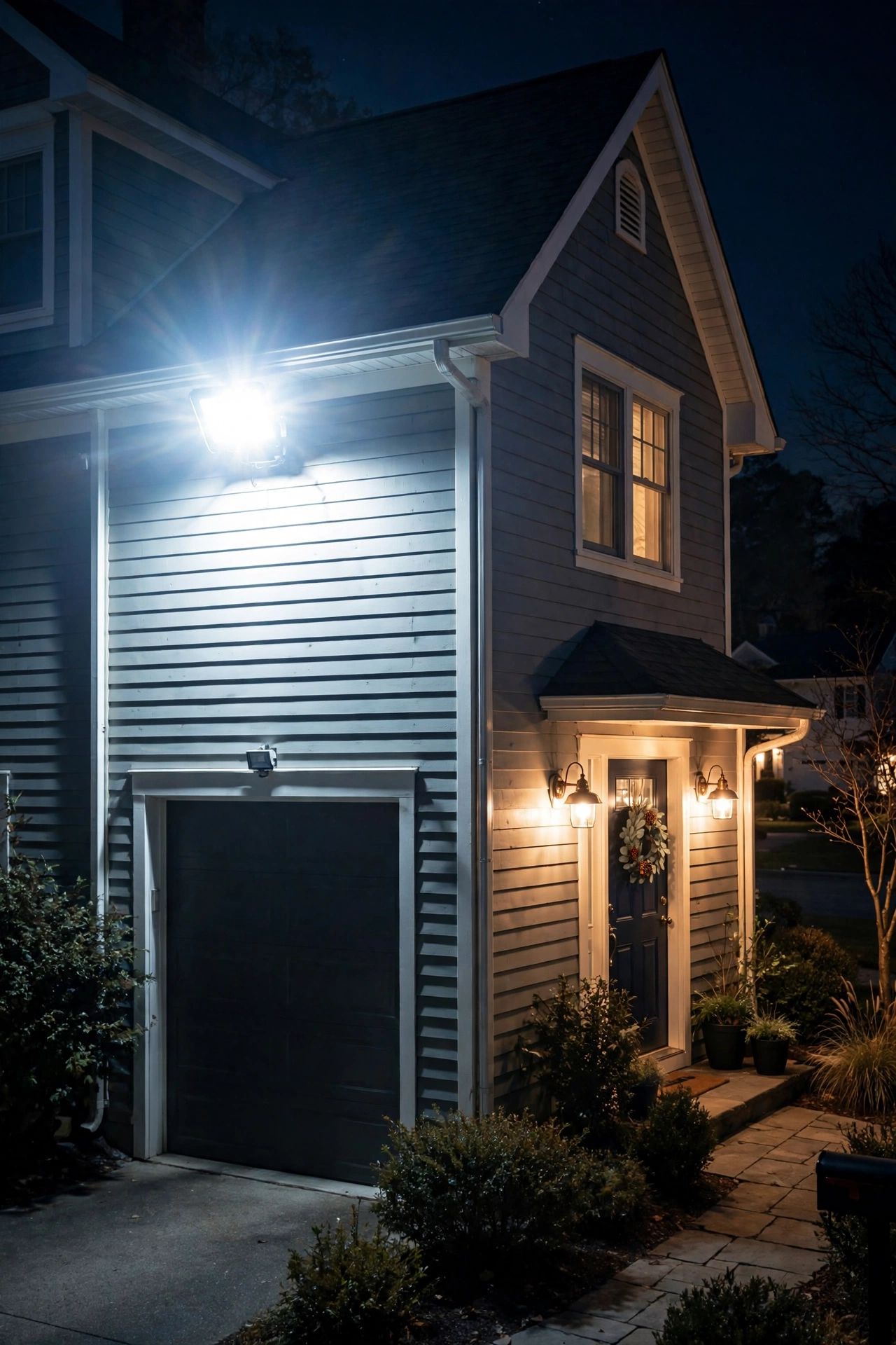 Comparison of an overly bright glaring floodlight versus softly lit warm porch sconces on a suburban home at night