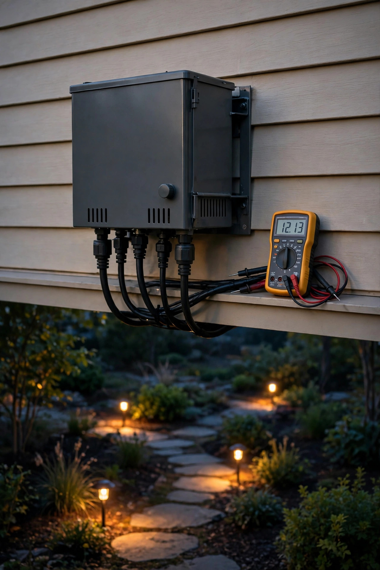 Low-voltage landscape lighting transformer mounted on a house wall at dusk with a digital multimeter beside it and warm path lights glowing in the garden below