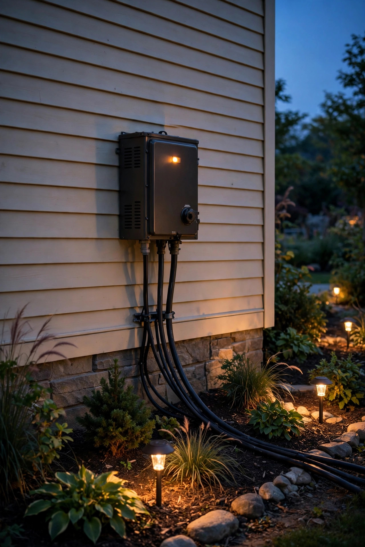 Low-voltage landscape lighting transformer mounted on a house wall with thick cables running out into garden beds at dusk