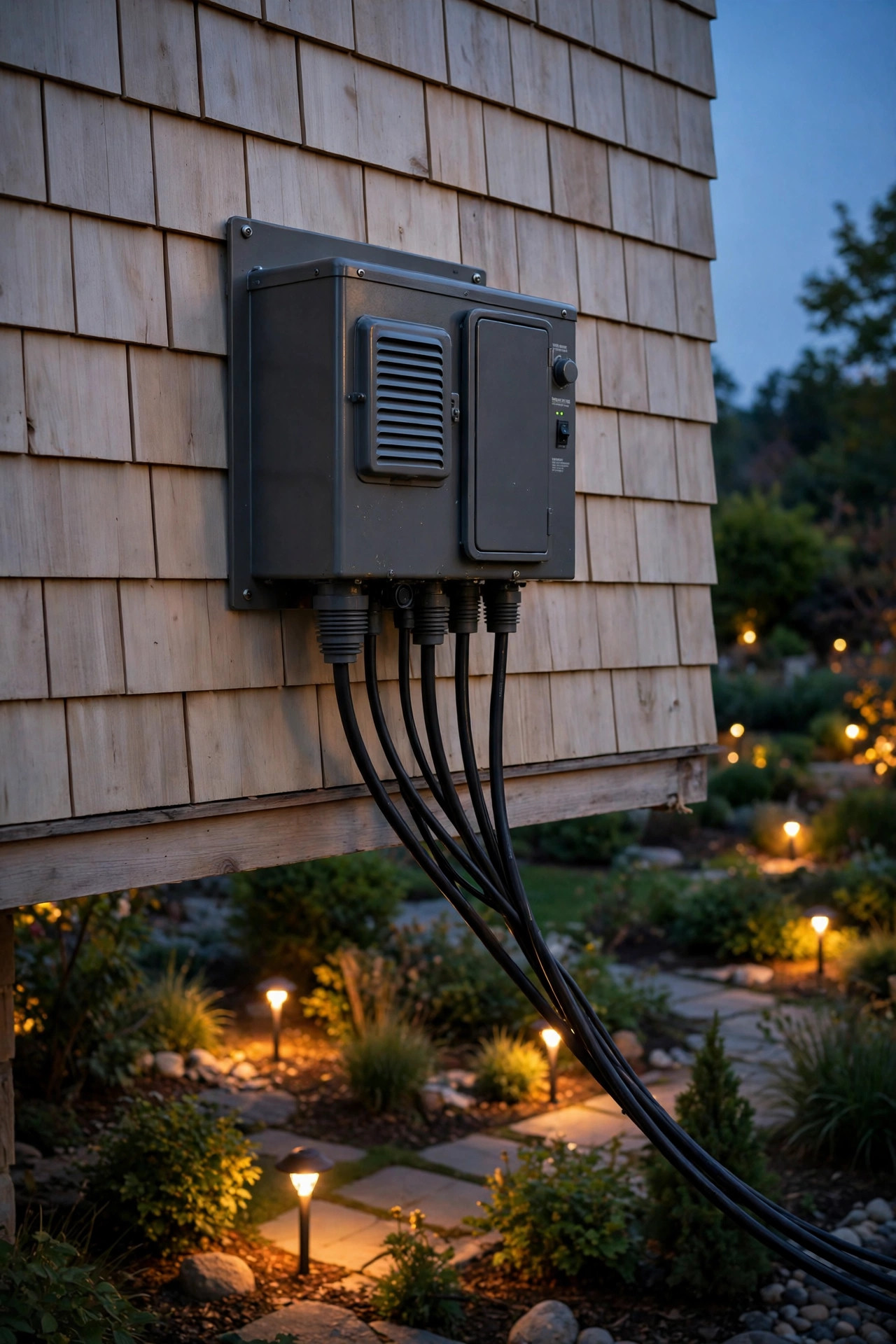Low-voltage landscape lighting transformer mounted on a house wall at dusk with several cable runs leaving it toward a glowing garden