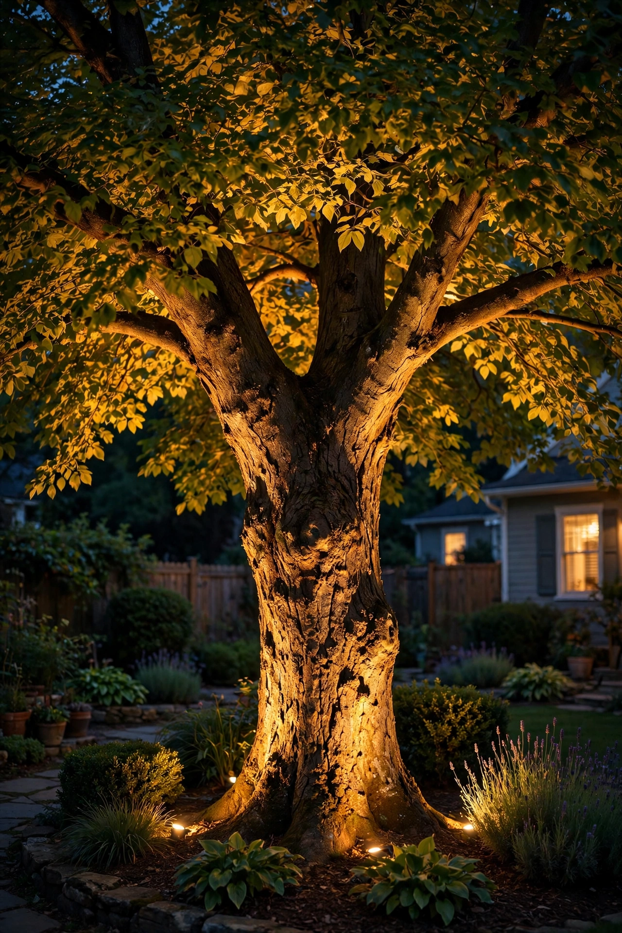 Large tree trunk and canopy glowing with warm uplight in a garden at night