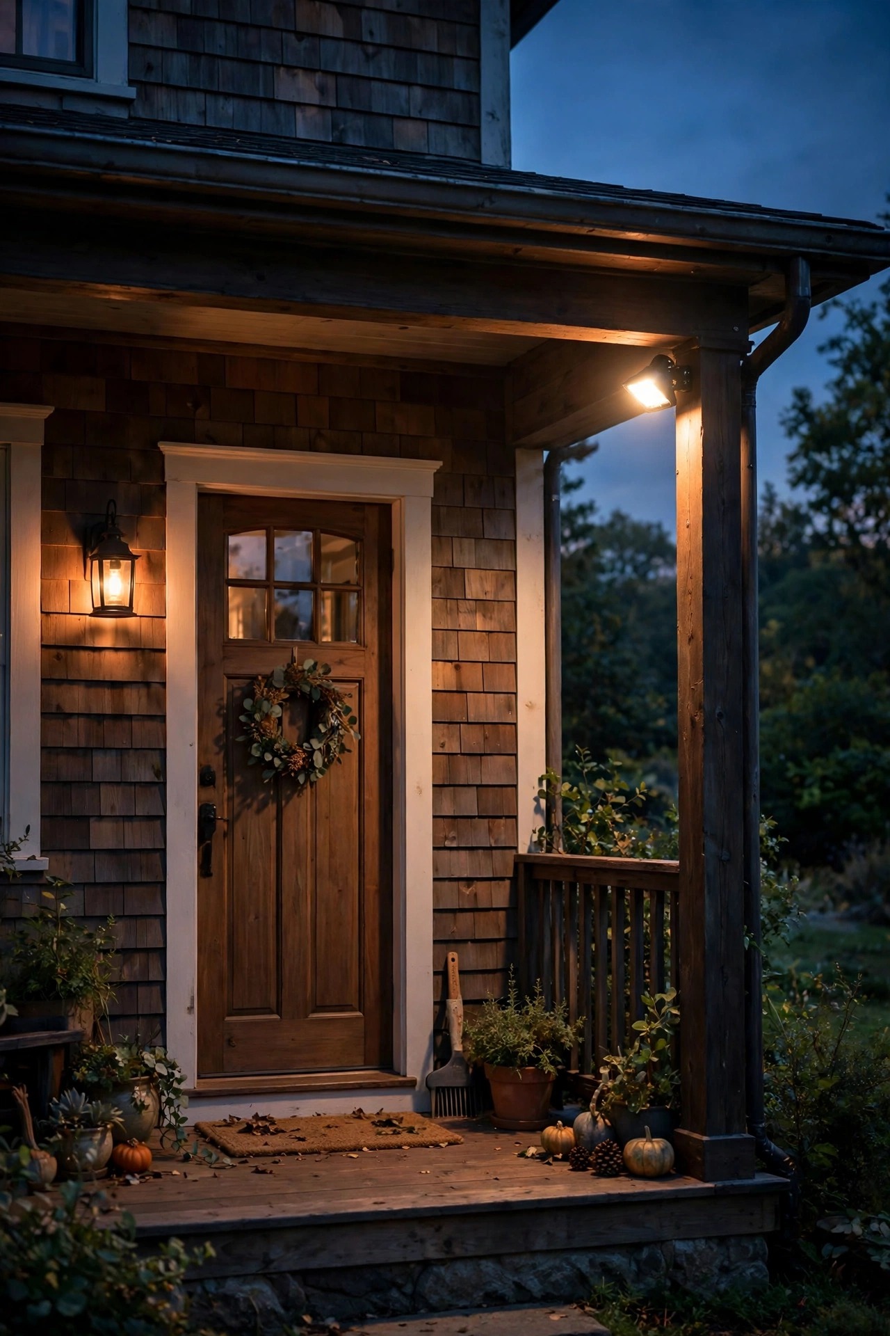 Front porch at dusk showing two lighting moods, a soft warm lantern glow at the door and a brighter security light at the porch corner