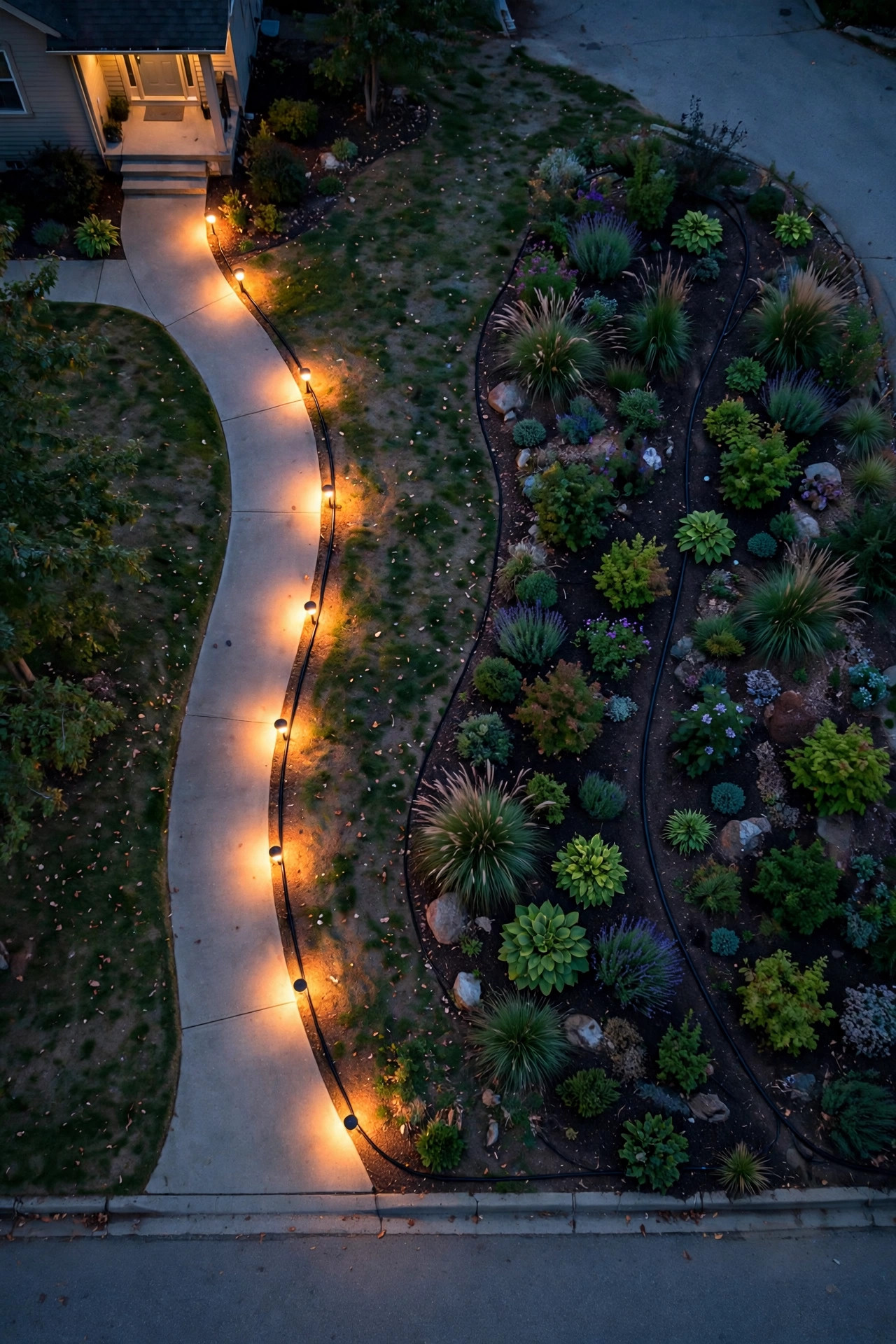 Overhead view of a suburban front yard at dusk showing two separate landscape lighting cable runs, one glowing warm along the walkway and one dark along the garden beds