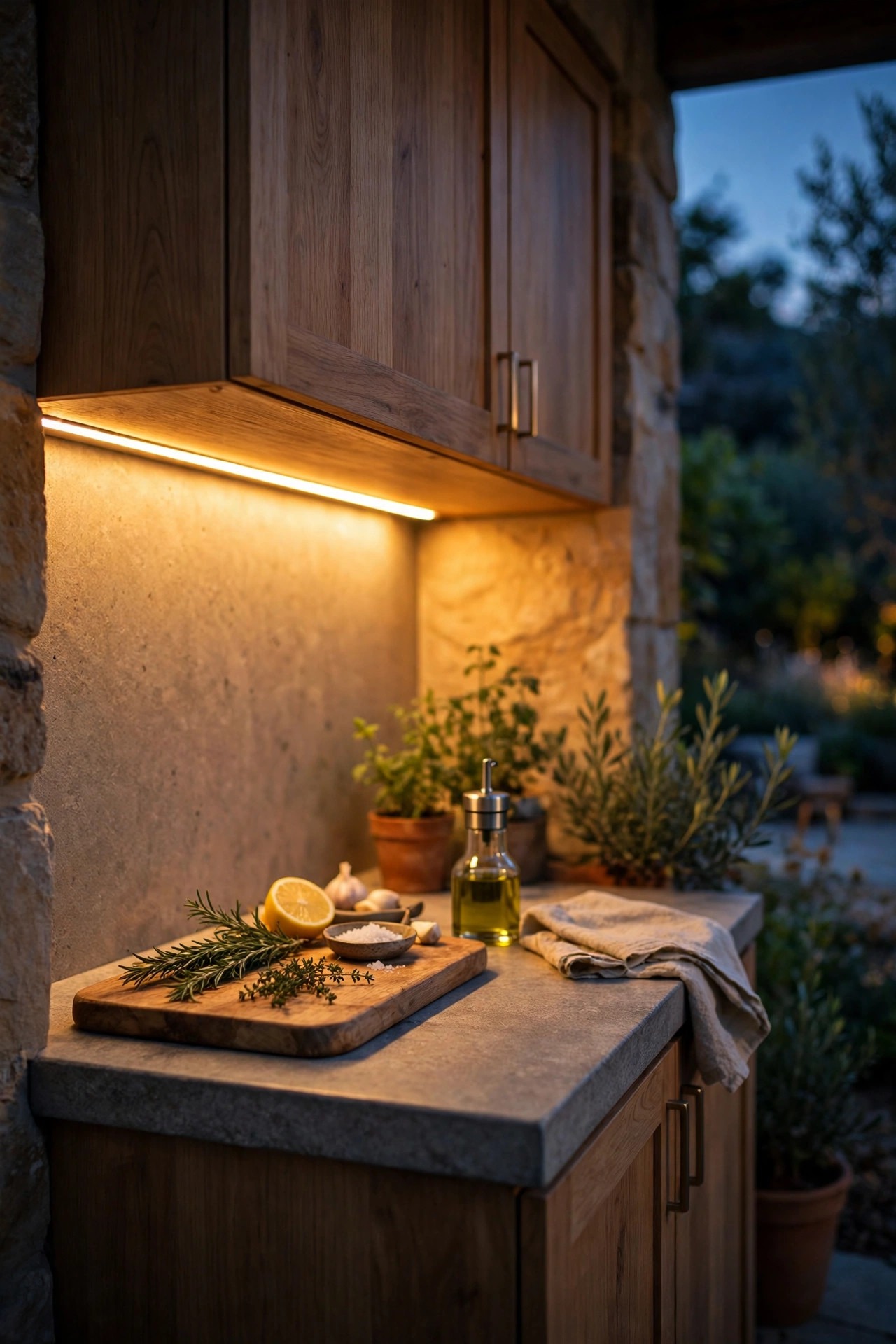 Warm LED strip lighting glowing under outdoor kitchen cabinets over a compact prep counter