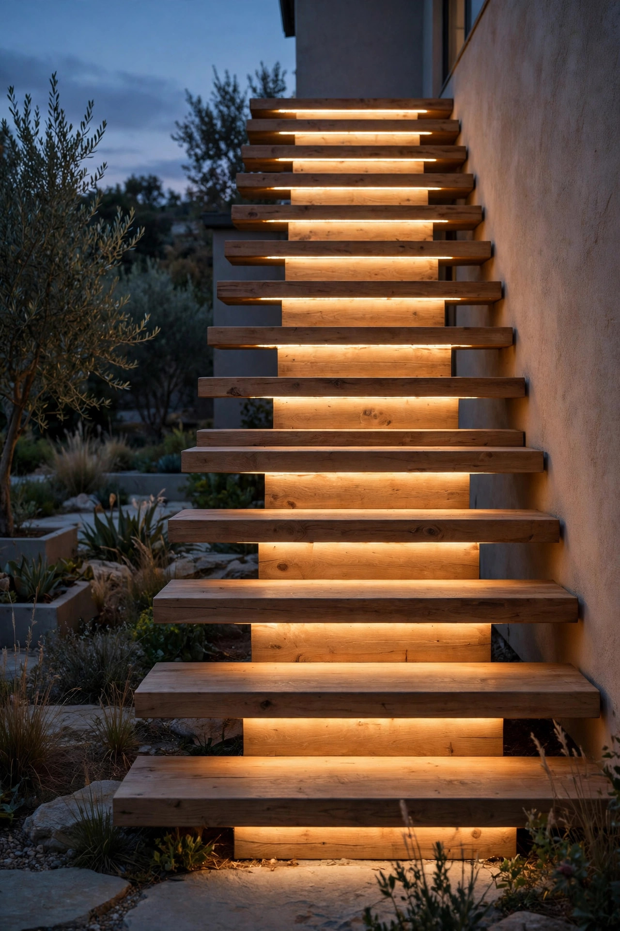 Floating wood staircase at dusk with LED strips hidden under each tread nosing casting a warm wash on the step below