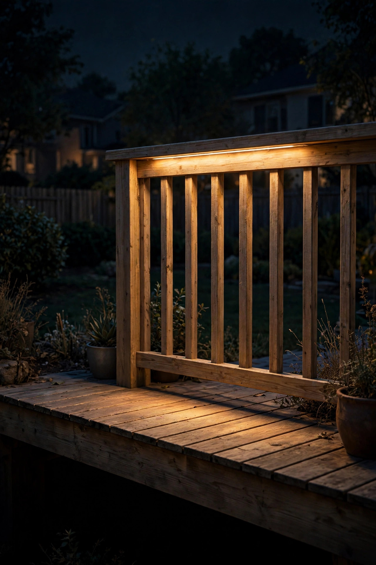 Wooden deck railing at night with warm rope light glowing underneath the top rail