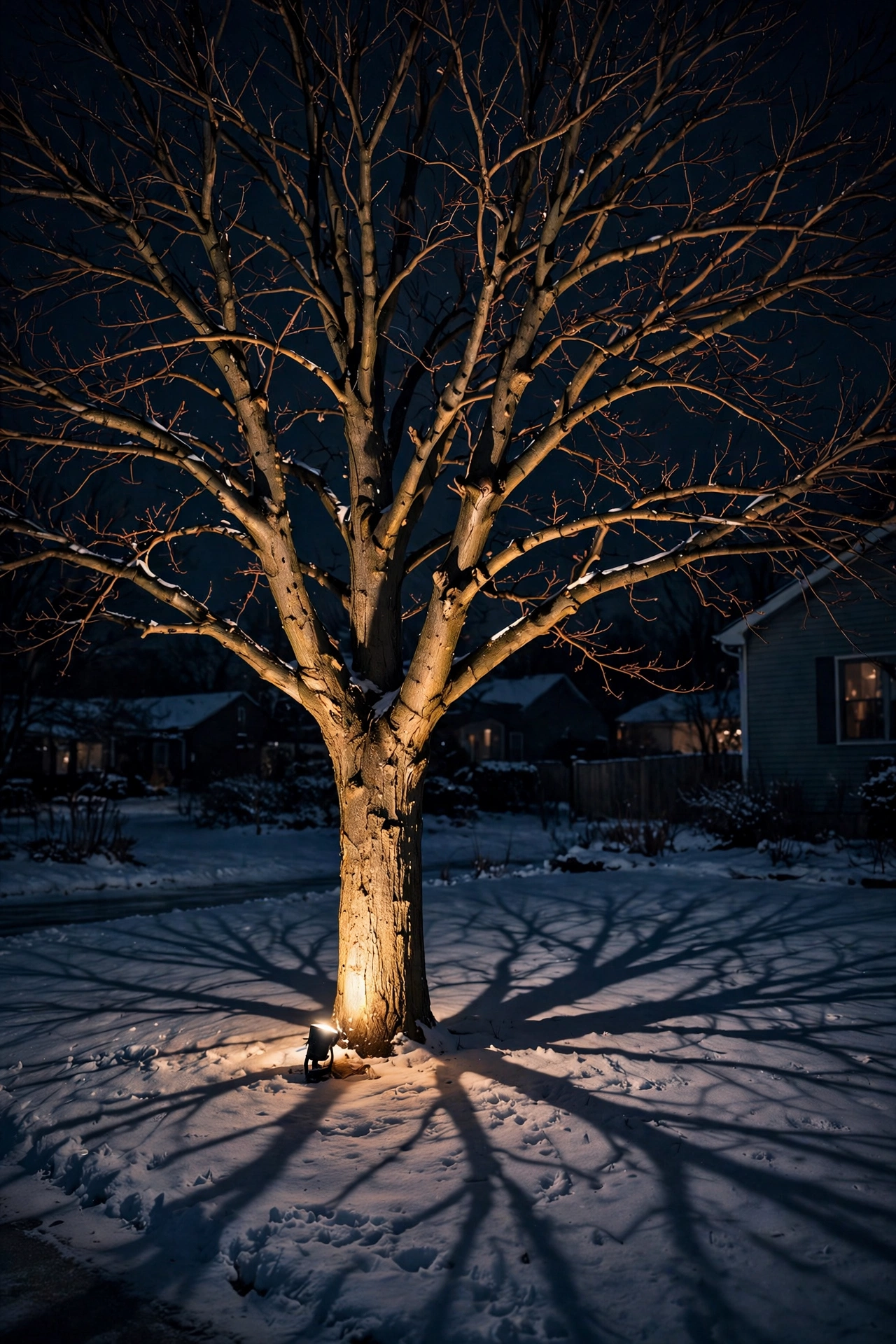 Bare winter tree trunk and branches glowing from a warm uplight at the base, branch shadows on snow
